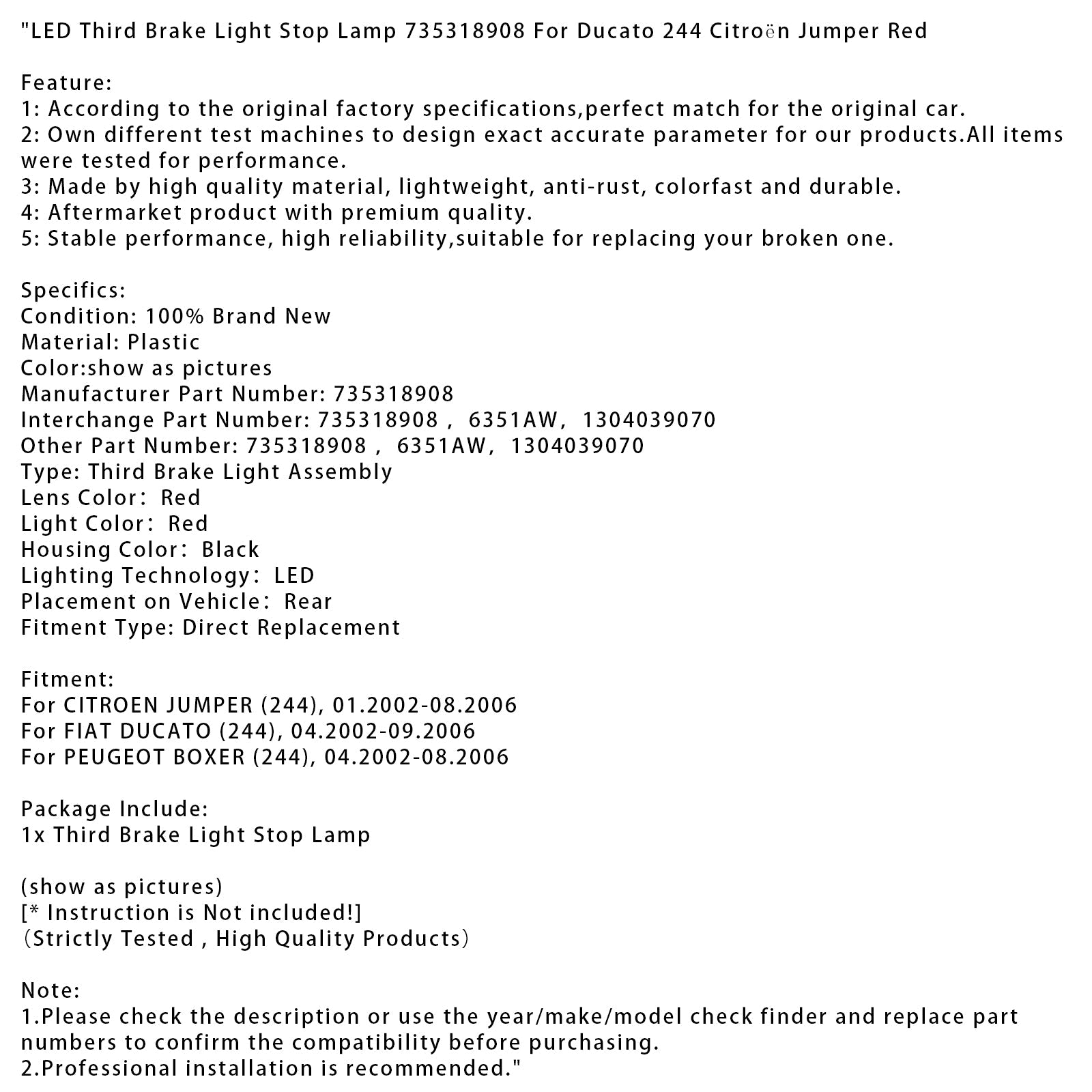 Rdeča LED tretja zavorna luč 735318908 za Citroën Ducato 244 Jumper