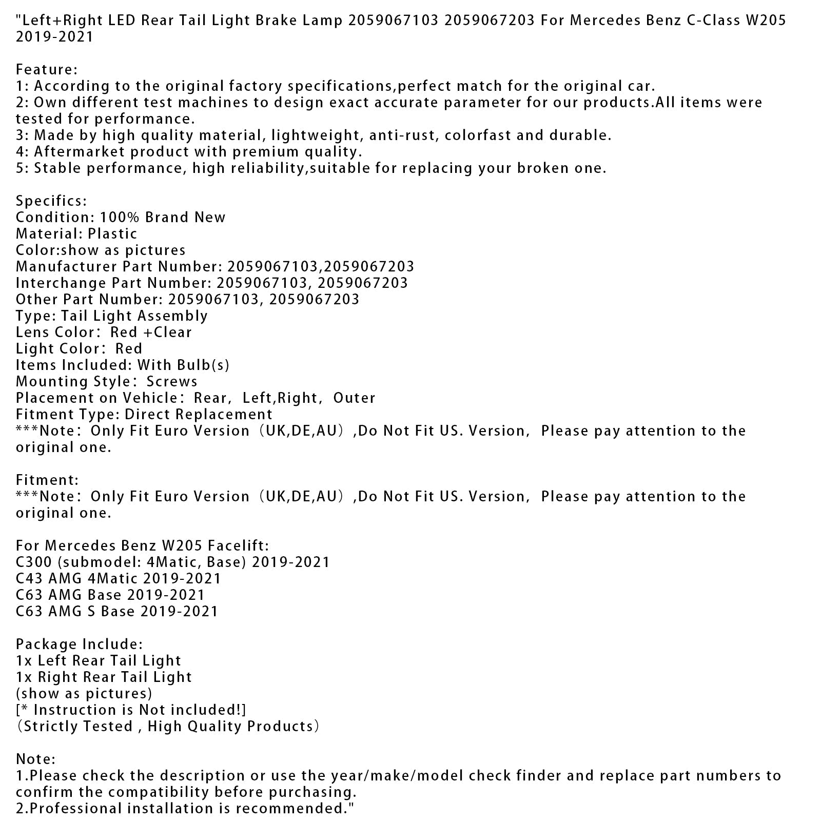 LED-achterlichten links en rechts voor Mercedes-Benz C43 AMG 4Matic W205 Gerestaureerd (2019-2021) - Referenties : 059067103 en 2059067203