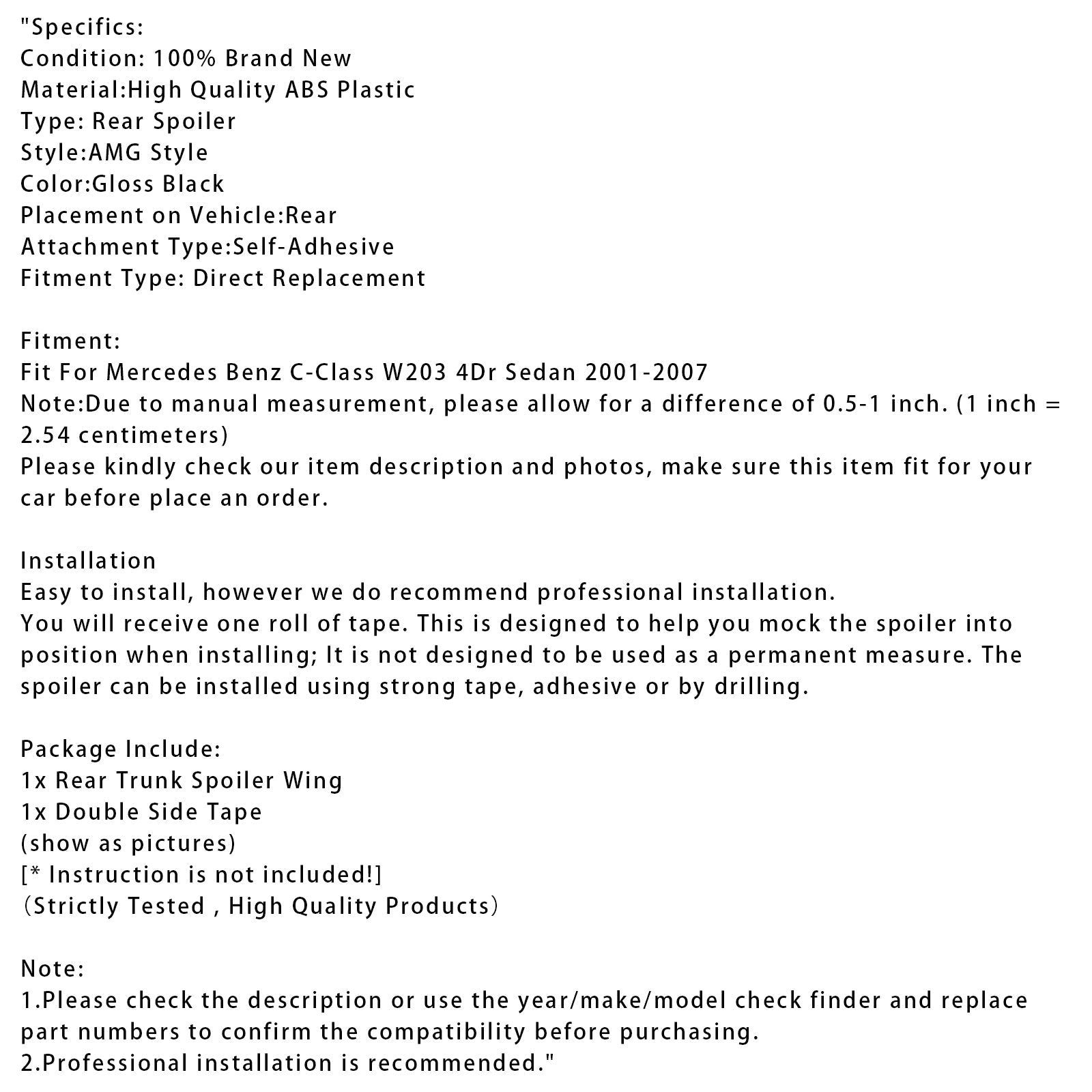 Spoiler posteriore nero lucido per Mercedes-Benz Classe C W203 Berlina AMG 2001-2007