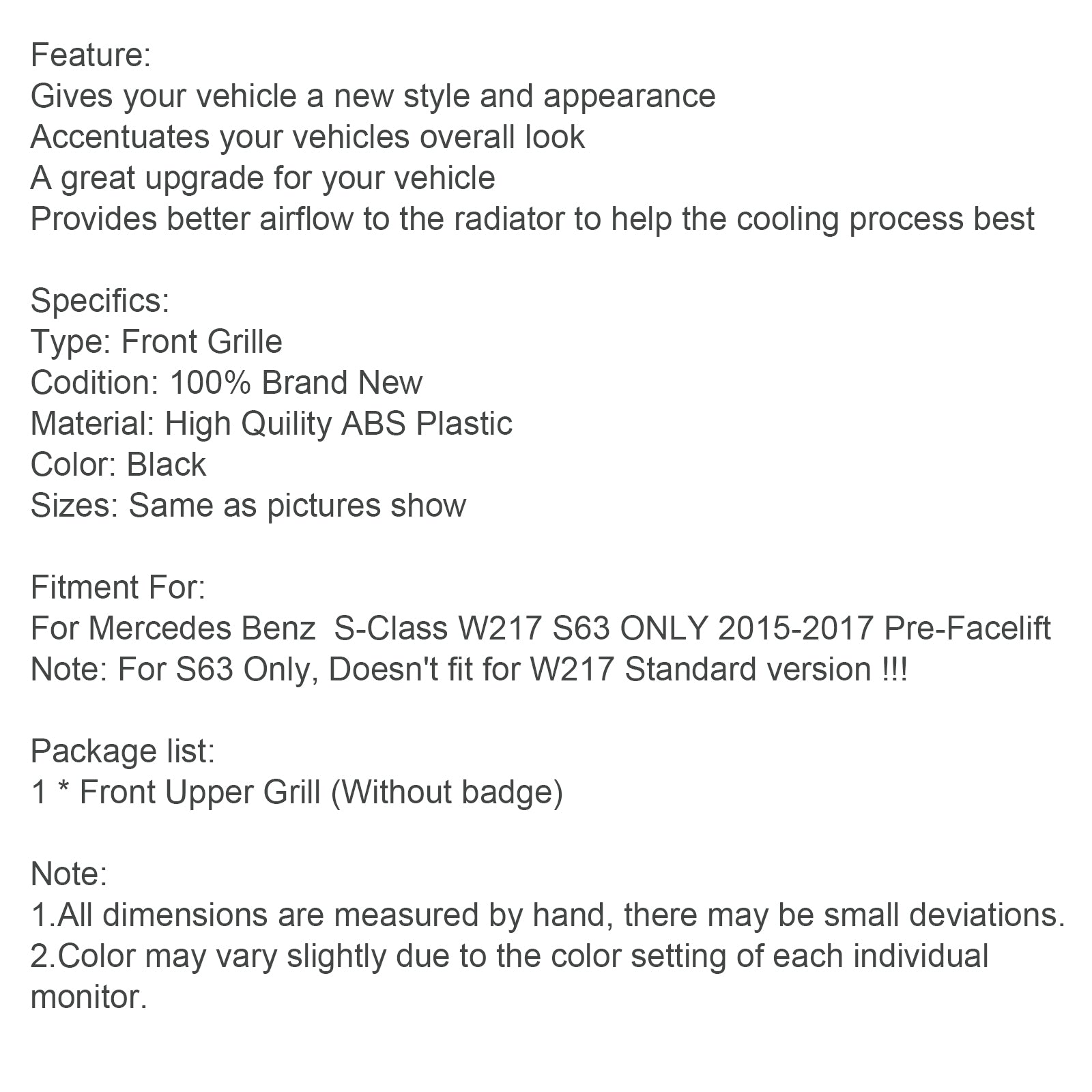 Mreža sprednjega odbijača Mercedes Benz razreda S W217 S63 AMG pred prenovo 2015–2017