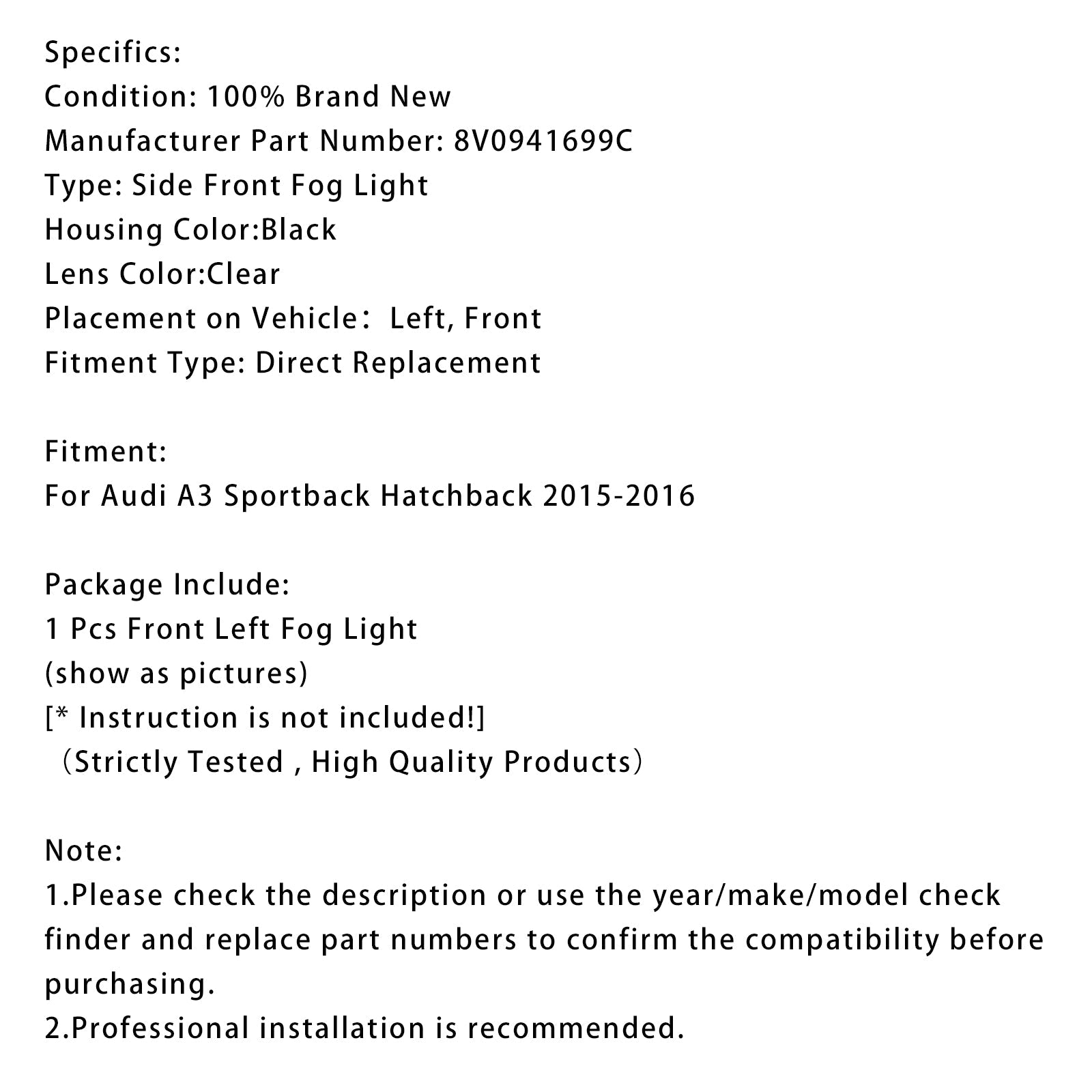 Ognjena megla spredaj levo z žarnicami 8v0941699c za Audi A3 Sportback 2015-2016