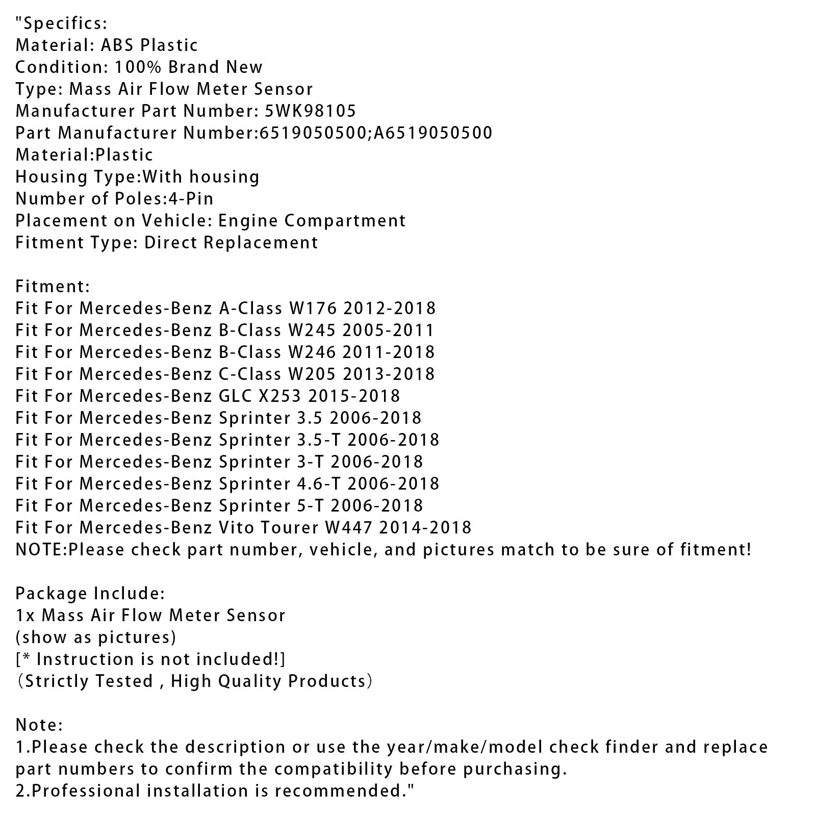 Sensor del medidor de flujo d&#39;masa de aire para Mercedes W205  W176 GLC X253 CDI 5WK98105