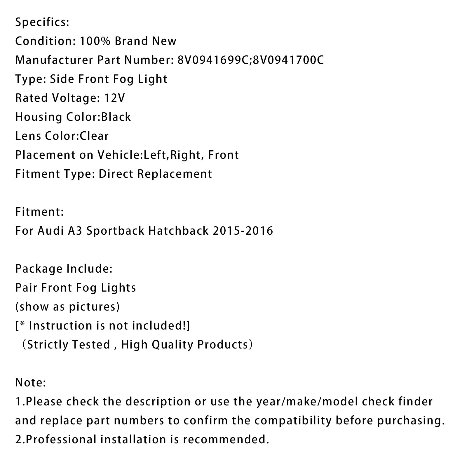 Para przednich świateł przeciwmgielnych z żarówkami do Audi A3 Sportback 2015-2016 8v0941700c