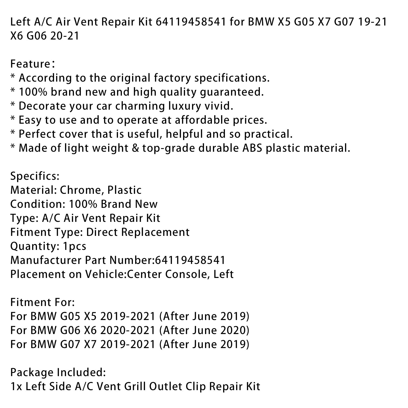 Komplet za popravilo levega zračnika klimatske naprave 64119458541 za BMW X5 G05 X7 G07 19-21 X6 G06 20-21