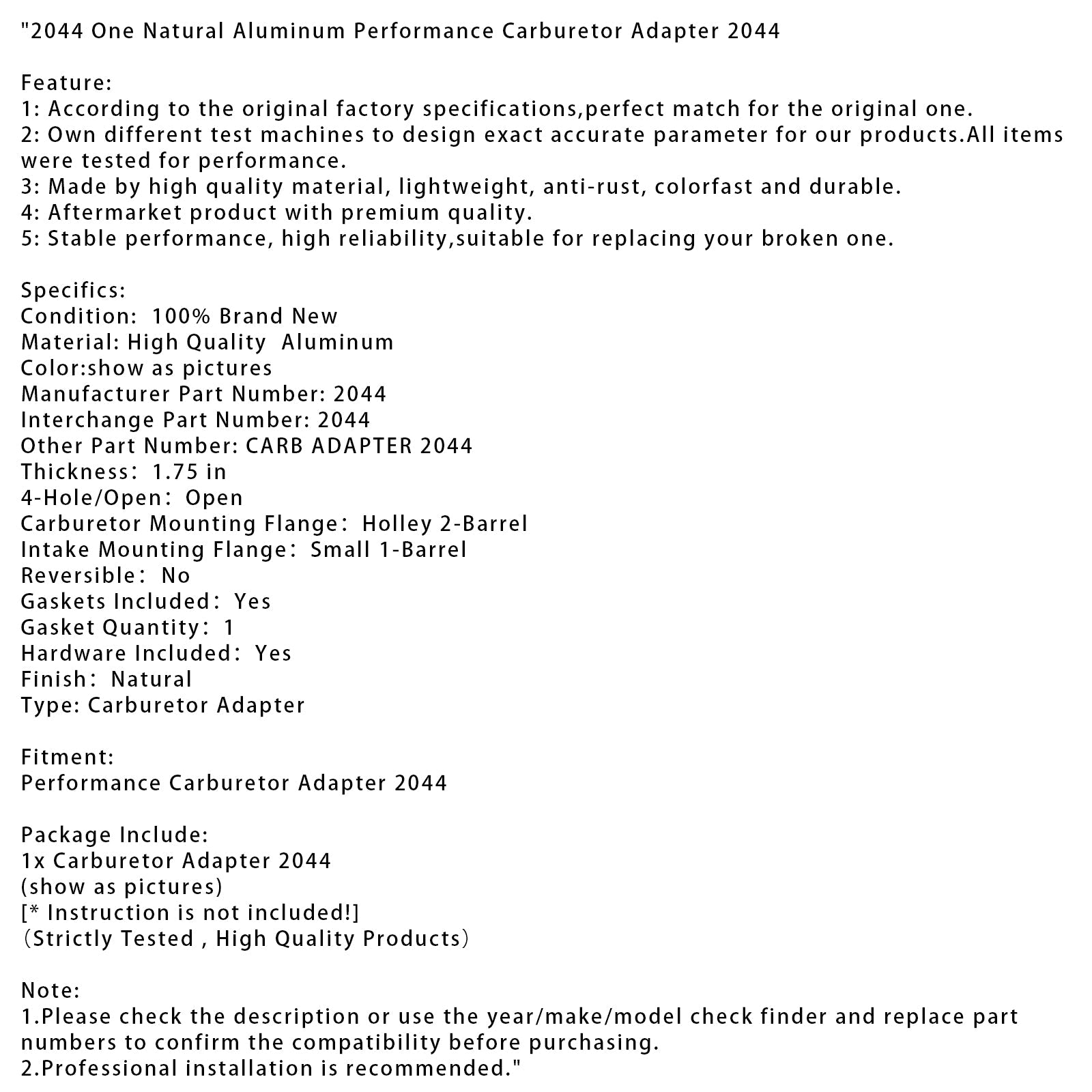 Adaptateur de carburateur haute performance en aluminium naturel 2044 One 2044