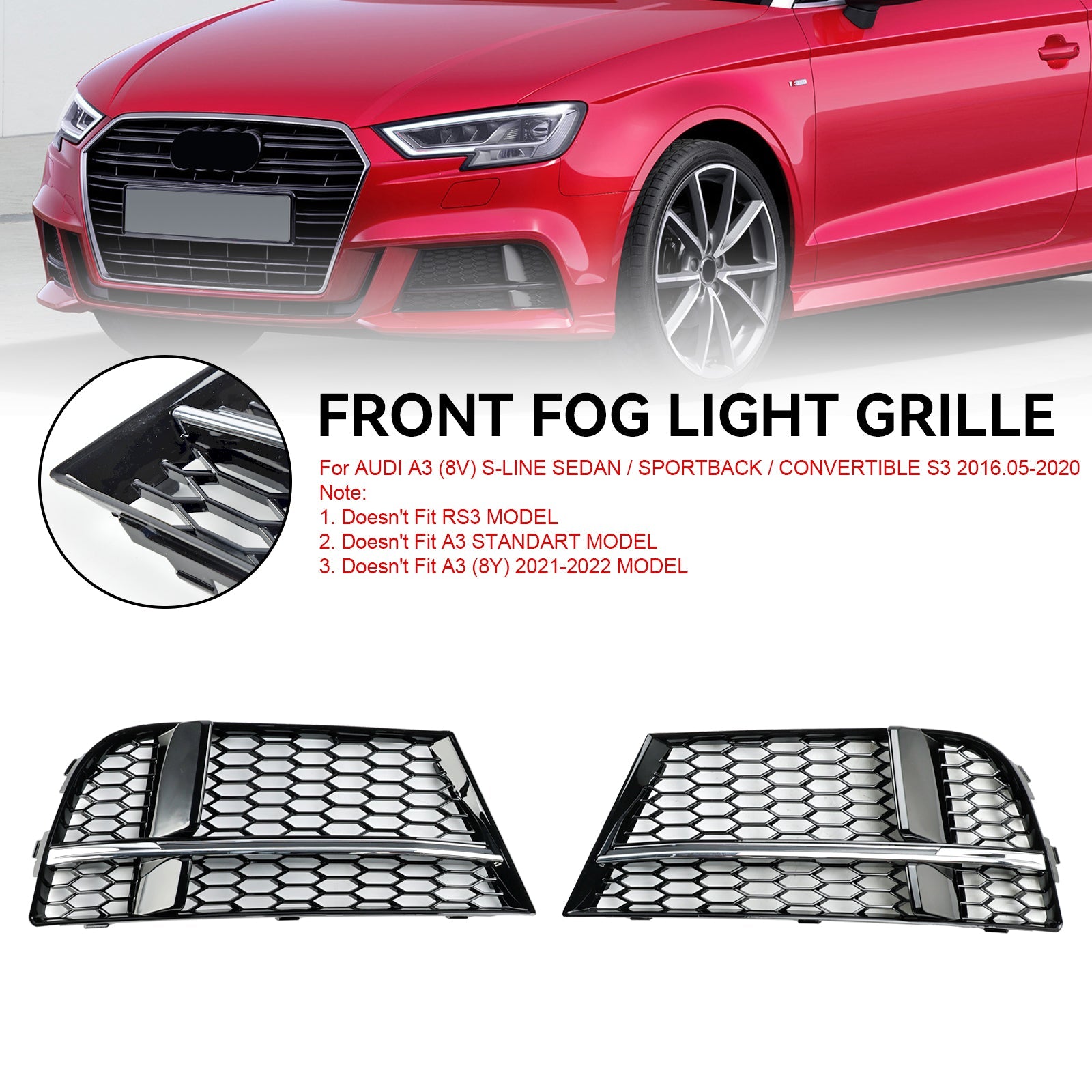 Rejilla de protección de faros antiniebla delanteros para AUDI A3 S-LINE 2017-2019 8V