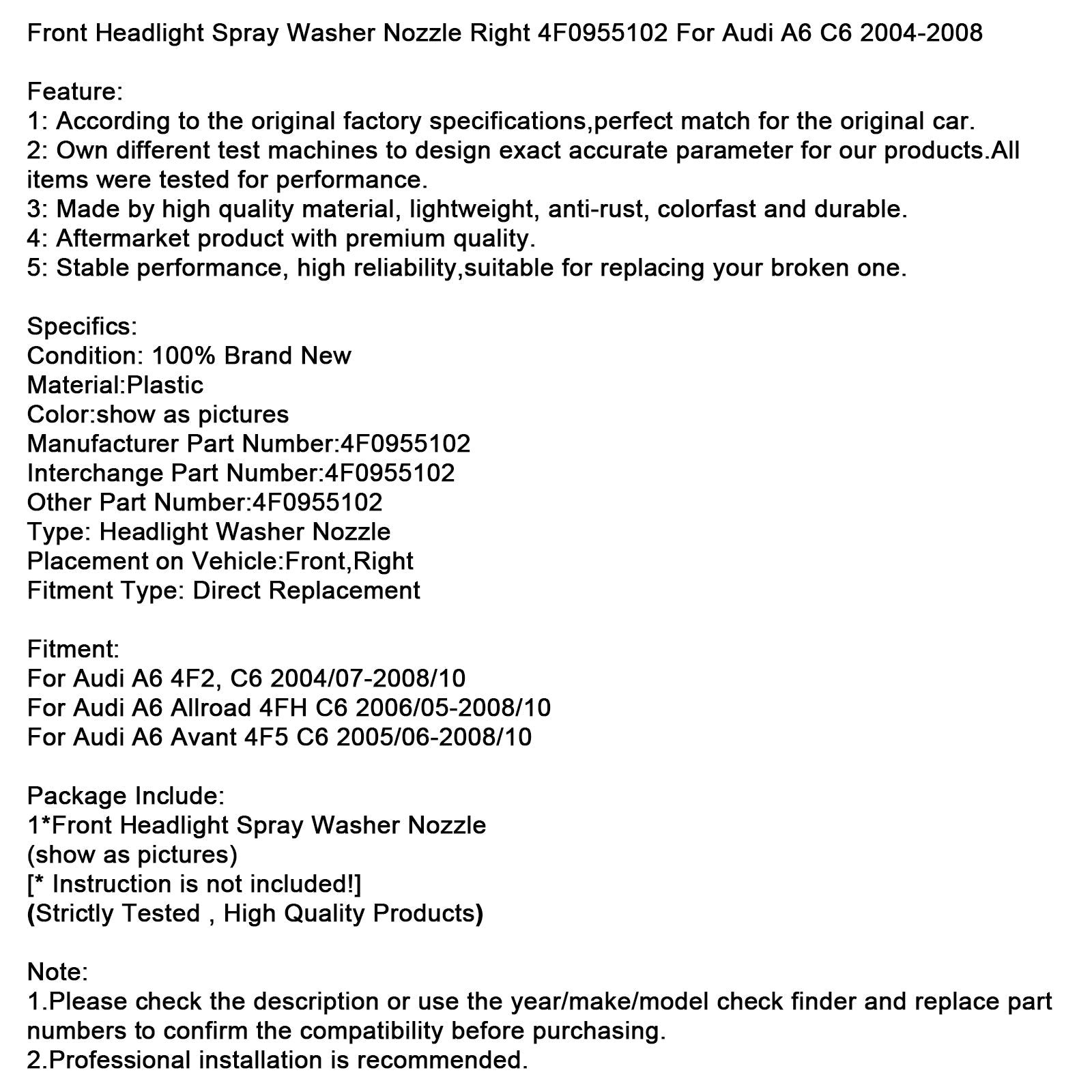 Buse de lave-phare avant droite 4F0955102 pour Audi A6 C6 2004-2008