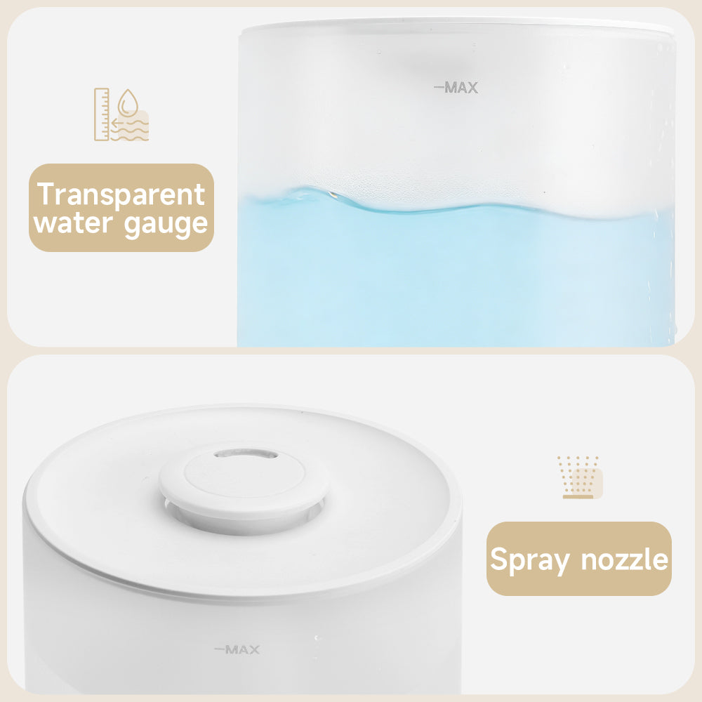 4L luchtbevochtiger voor slaapkamer, baby en planten, stil, met 360° mondstuk, automatische uitschakeling en gekleurd licht.