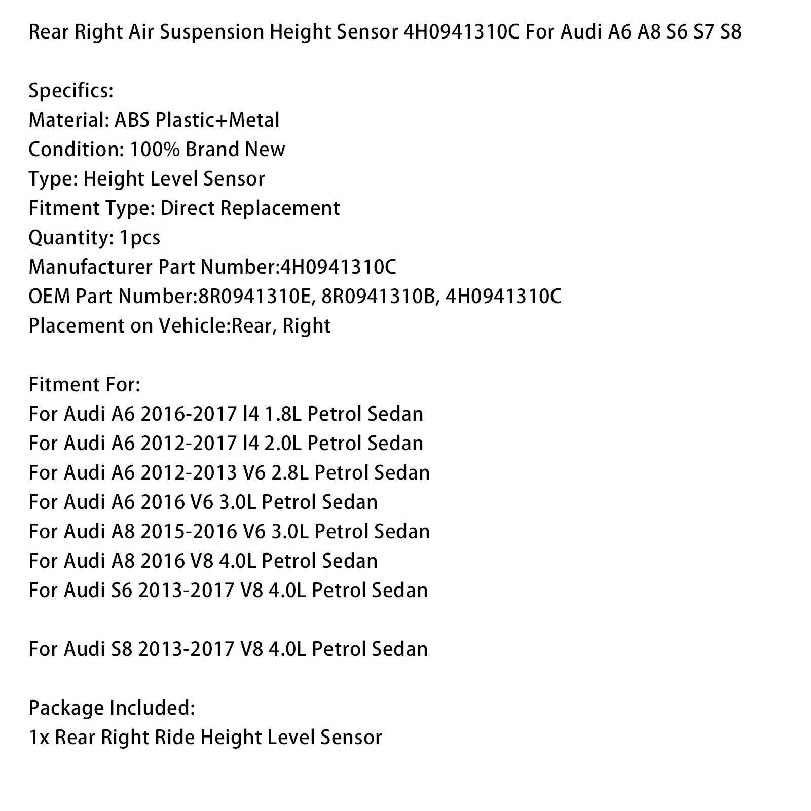 Senzor višine zadnjega desnega zračnega vzmetenja 4H0941310C za Audi A6 A8 S6 S7 S8