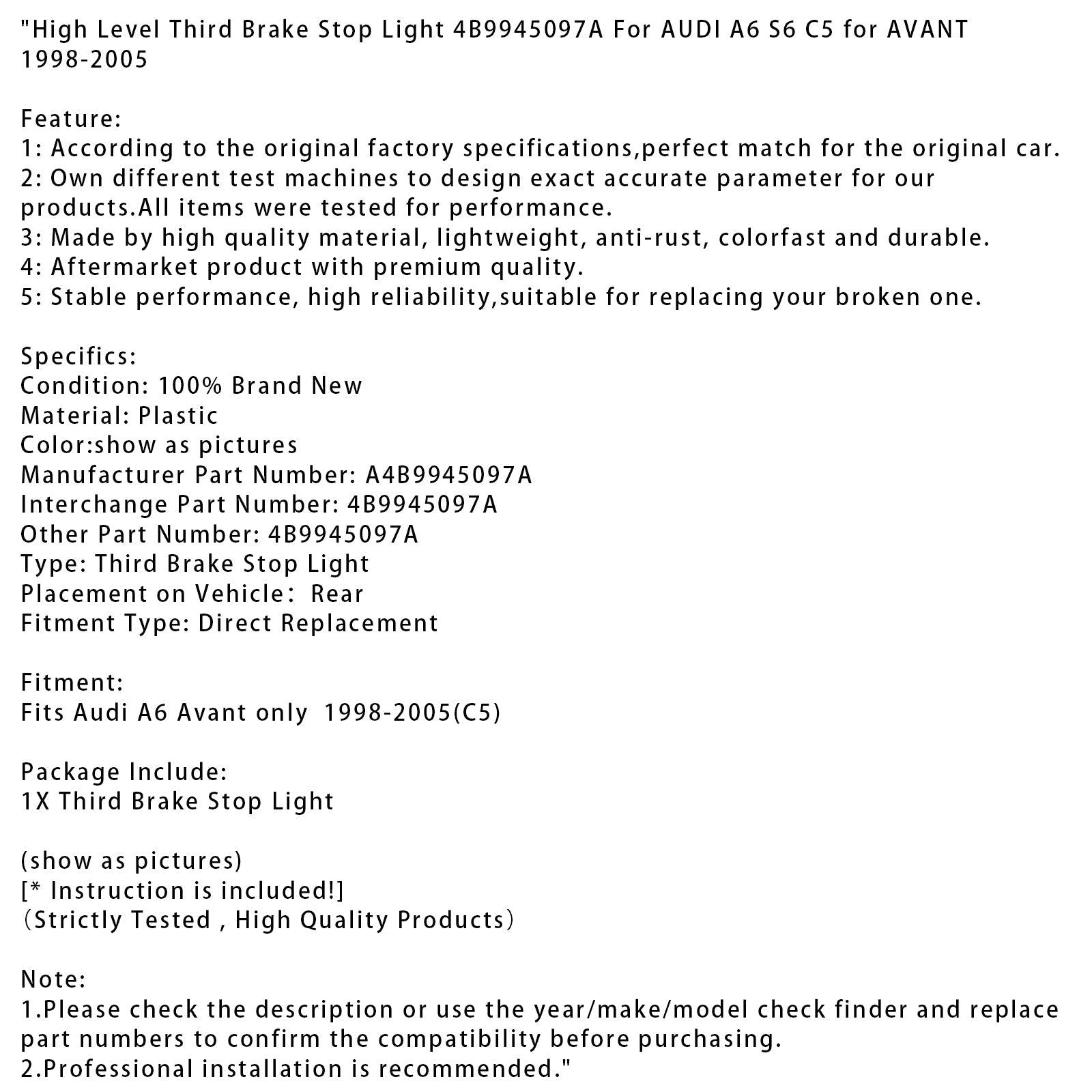Trzeci wysoki poziom wysokiego poziomu dla Audi A6 S6 C5 przed 1998-2005 4B9945097a