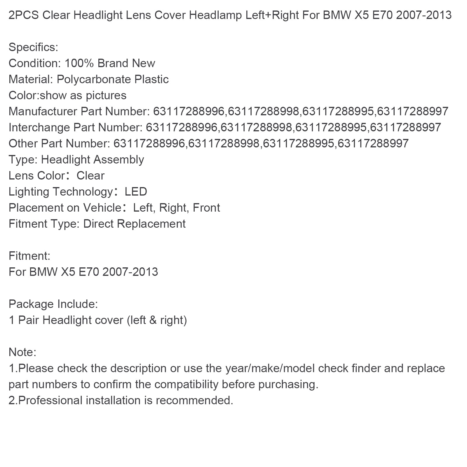 2007-2013 BMW X5 E70 LOT di 2 cumuli di fari trasparenti e trasparenti