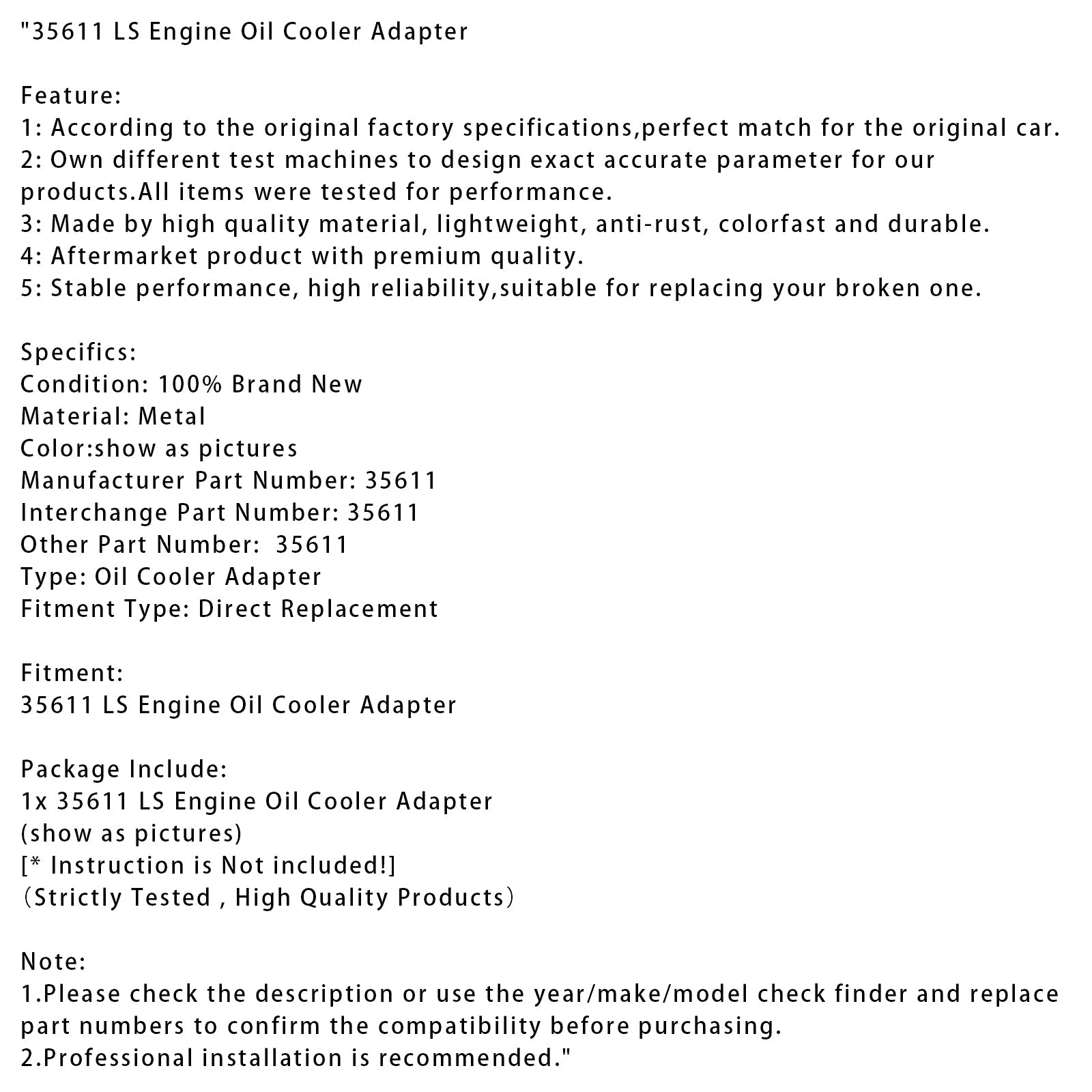 Adattatore per refrigeratore'Olio motore LS 35611