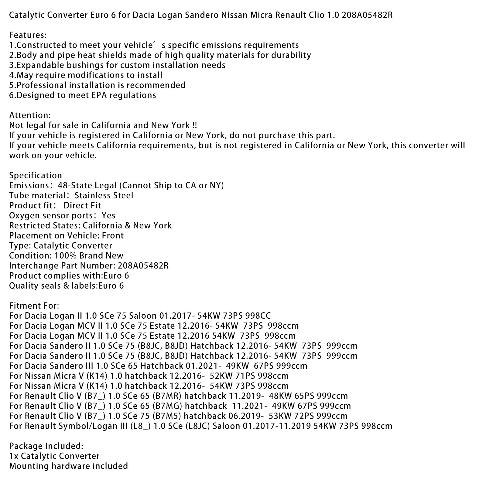 Convertisseur catalytique 208A05482R pour Dacia Logan Sandero Renault Clio 1.0