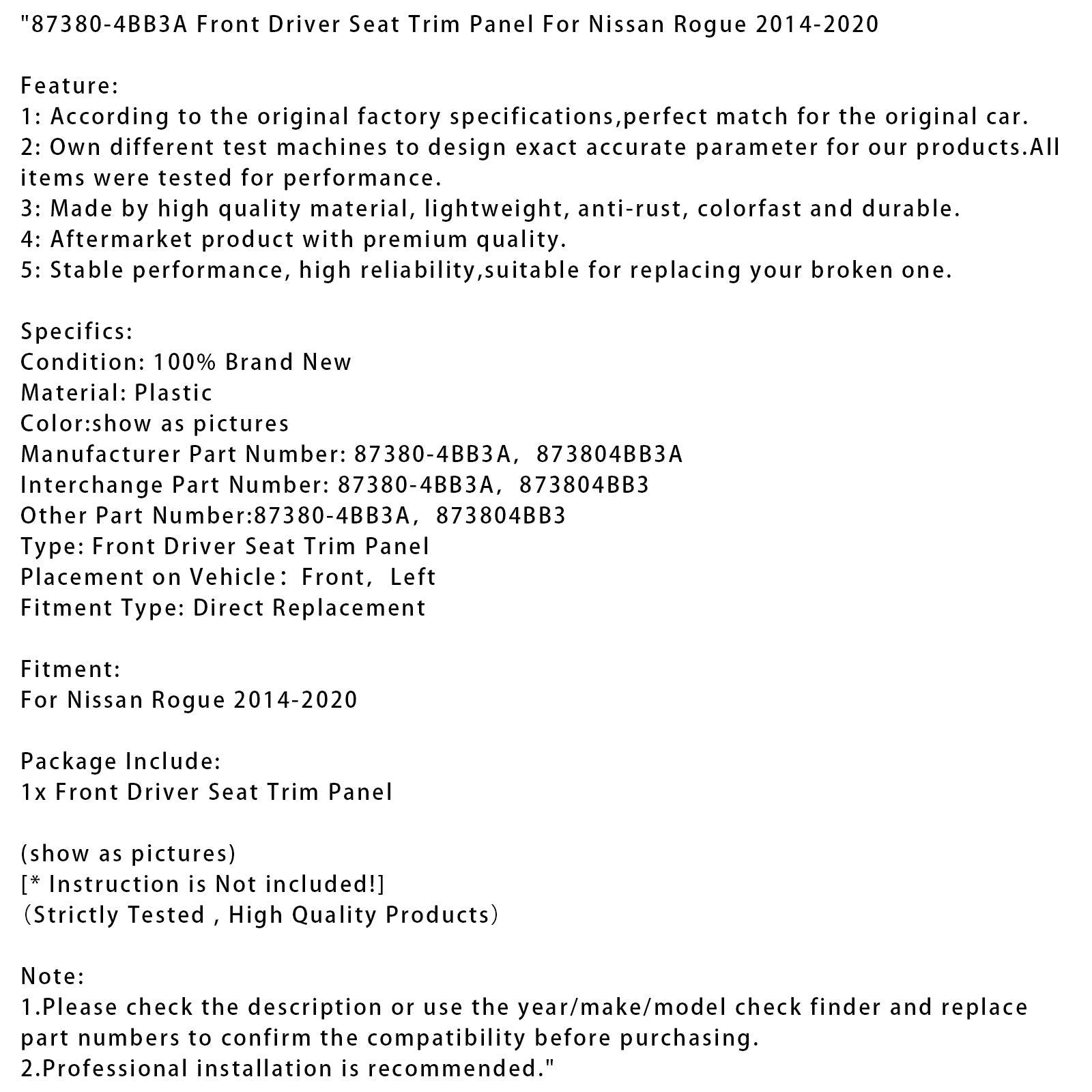 Bekledingspaneel bestuurdersstoel vooraan voor Nissan Rogue 2014-2020, onderdeelnummer 87380-4BB3A