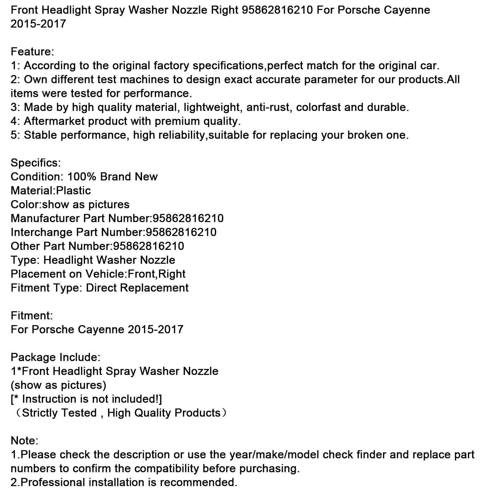 Buse de lave-phare avant droite pour Porsche Cayenne 2015-2017, référence 95862816210