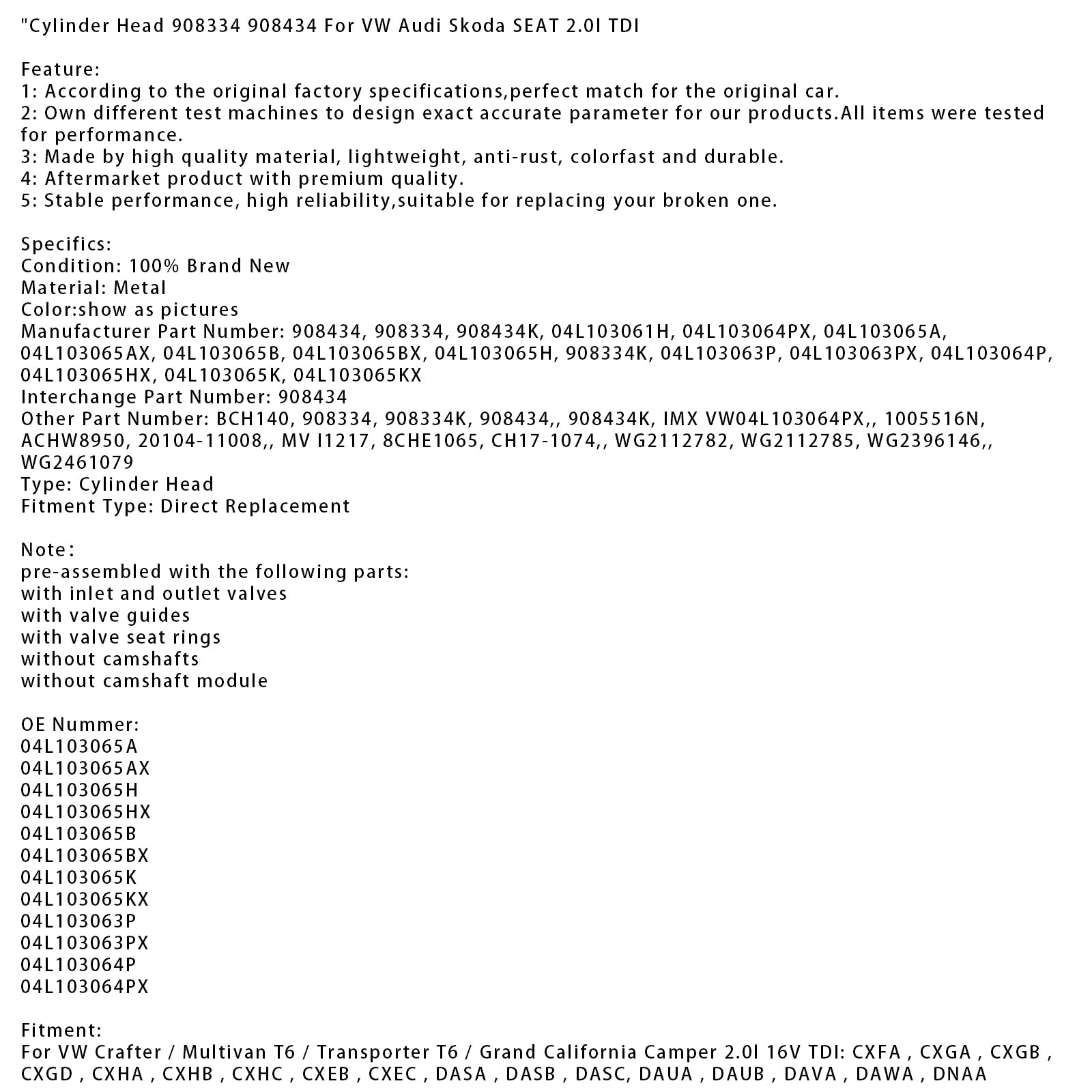 Culata 908334 908434 para VW Audi Skoda SEAT 2.0l TDI