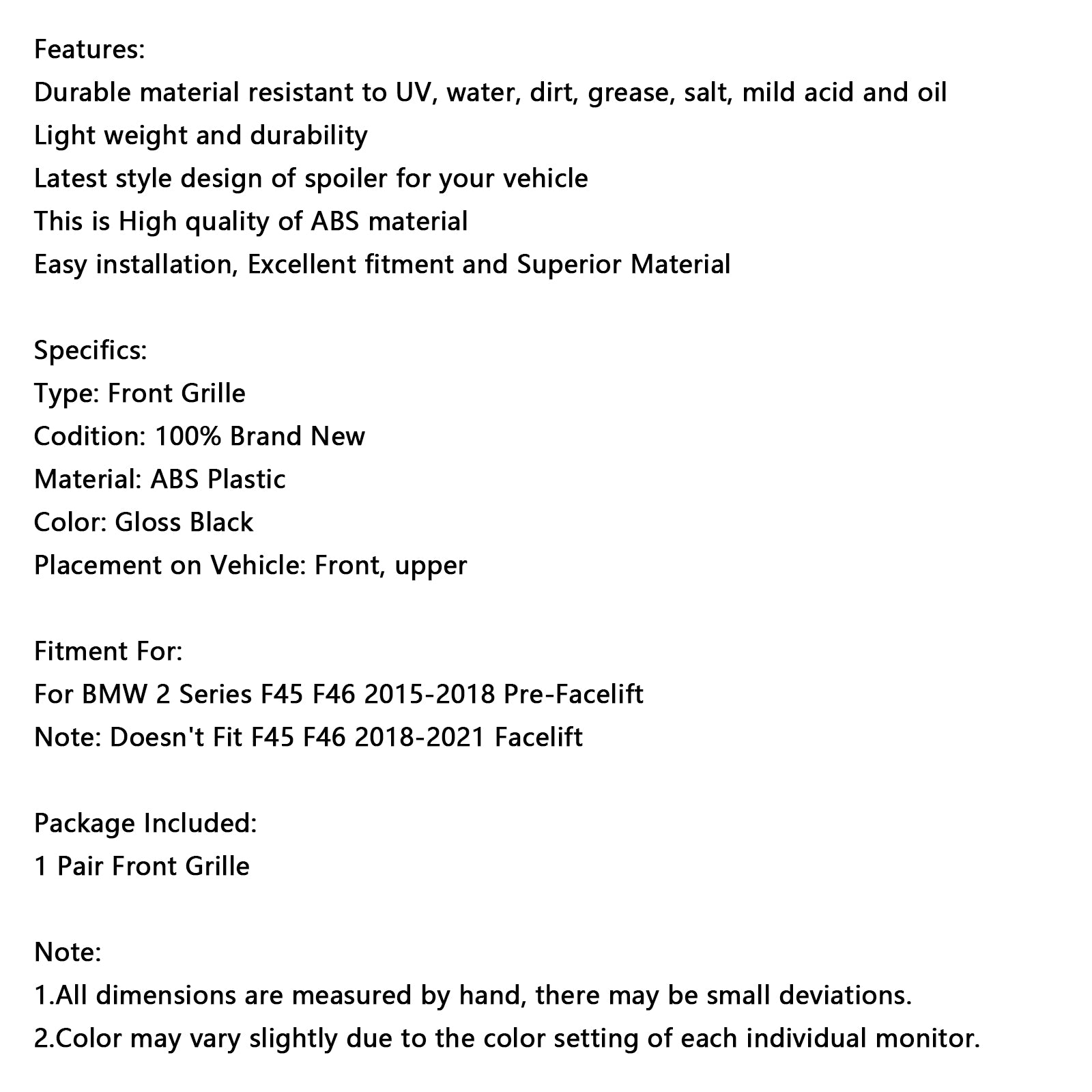 Gloss Black Front Grille Grill Pour BMW 2 Series Gran Tourer F45 F46 2015-2018