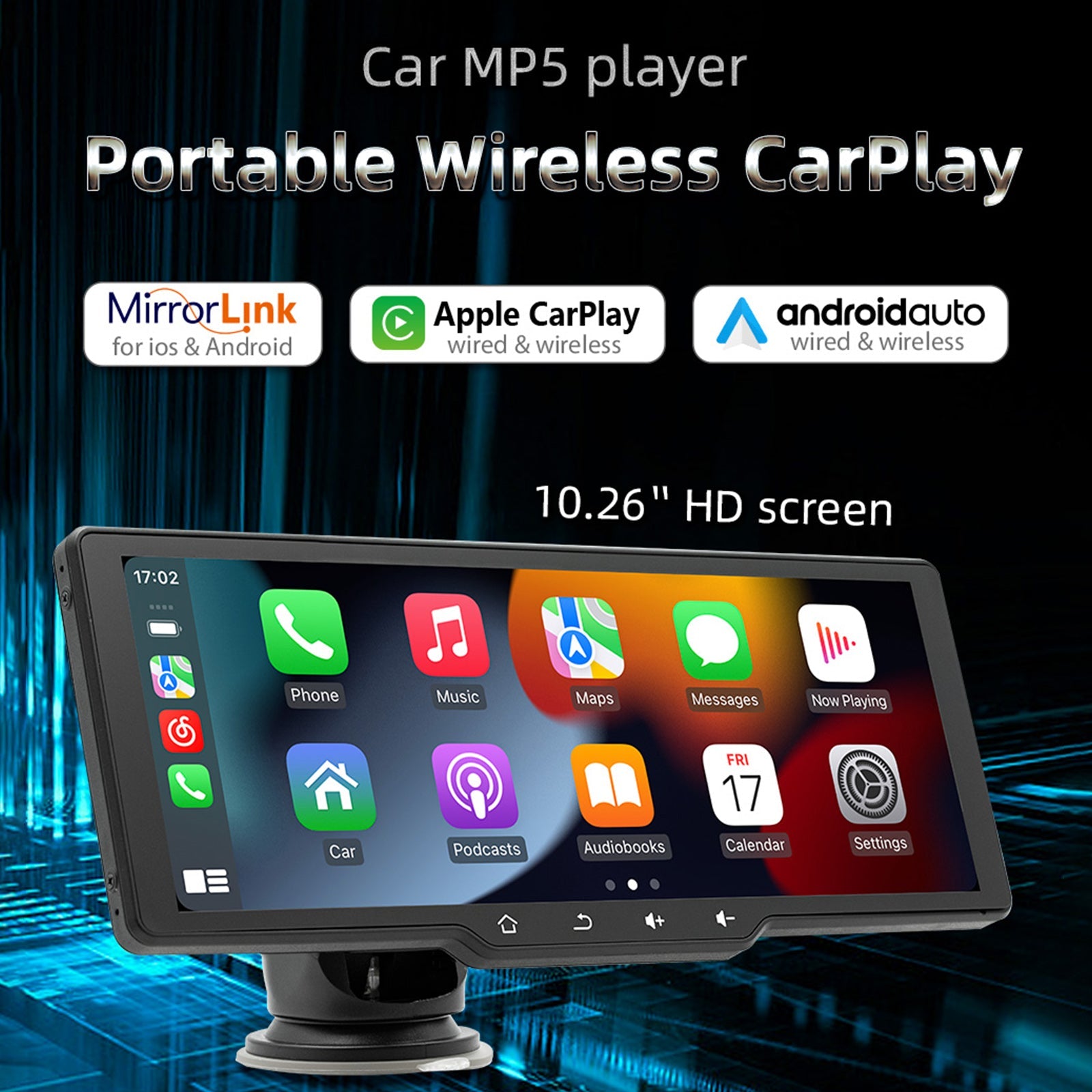 Lecteur MP5 Bluetooth portable sans fil Carplay avec écran de 10,26 pouces + 4 caméras LED