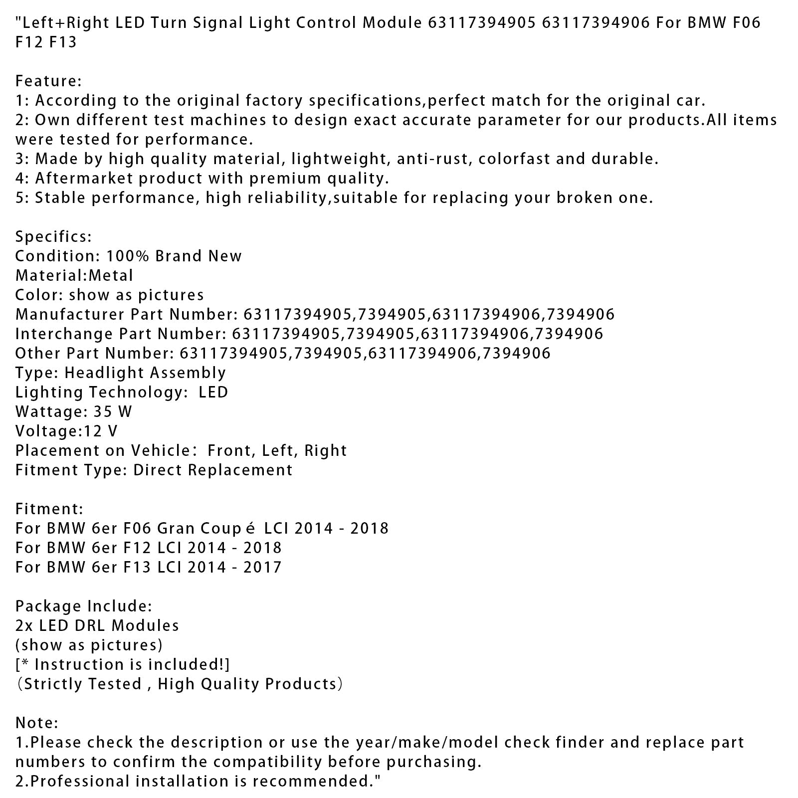 Moduł sterowania migającym lewym i prawym LED dla BMW 6ER F06 Gran Coupé LCI 2014-2018 63117394905 7394905