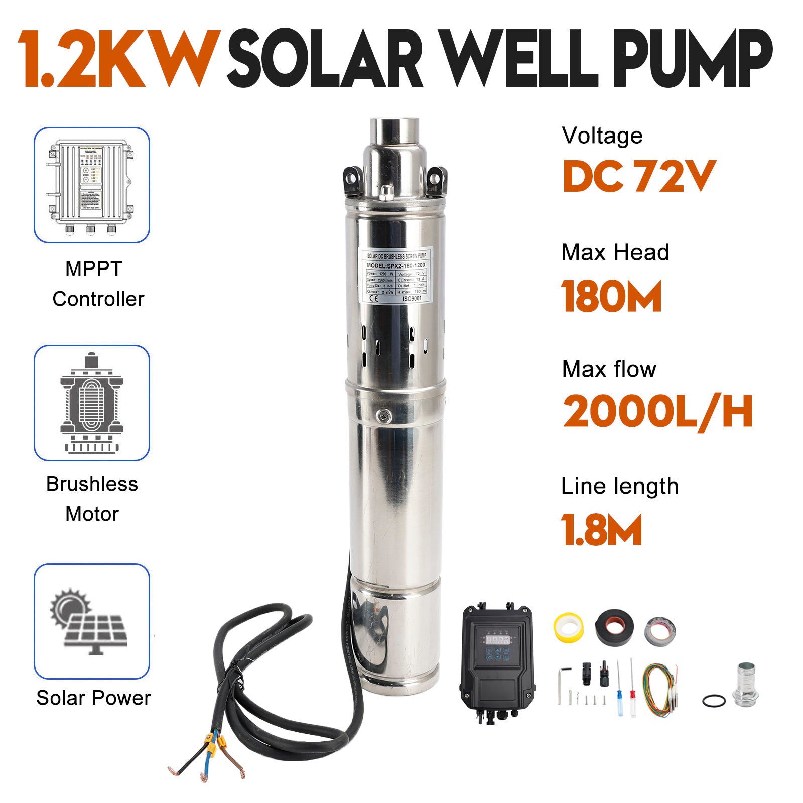 72 V 1,2 kW pompe solaire immergée pour puits profond capable de soulever jusqu'à 180 mètres de tête