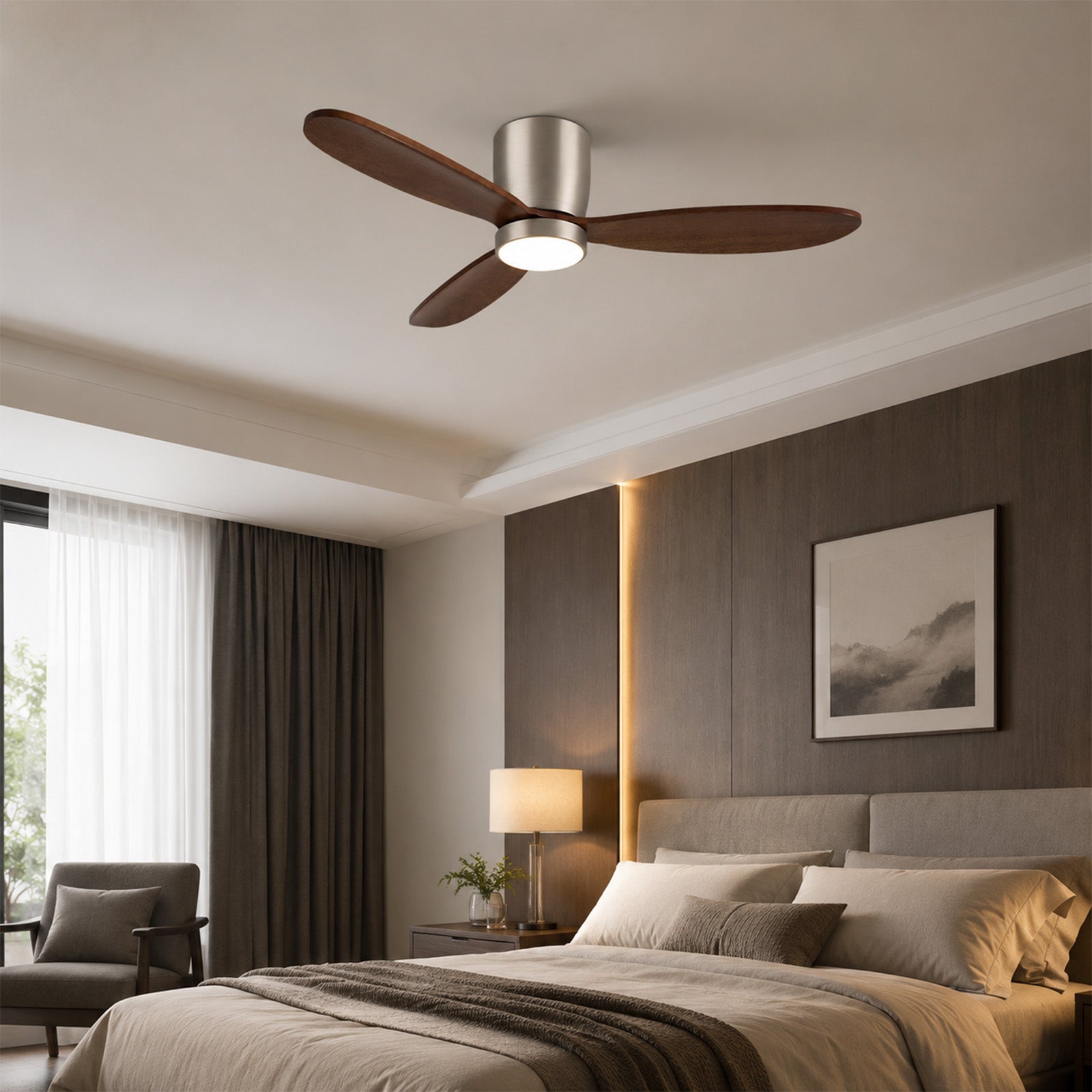 6 vitesses bois massif télécommande + application 3 couleurs réglables Ventilateur de plafond LED 132 cm