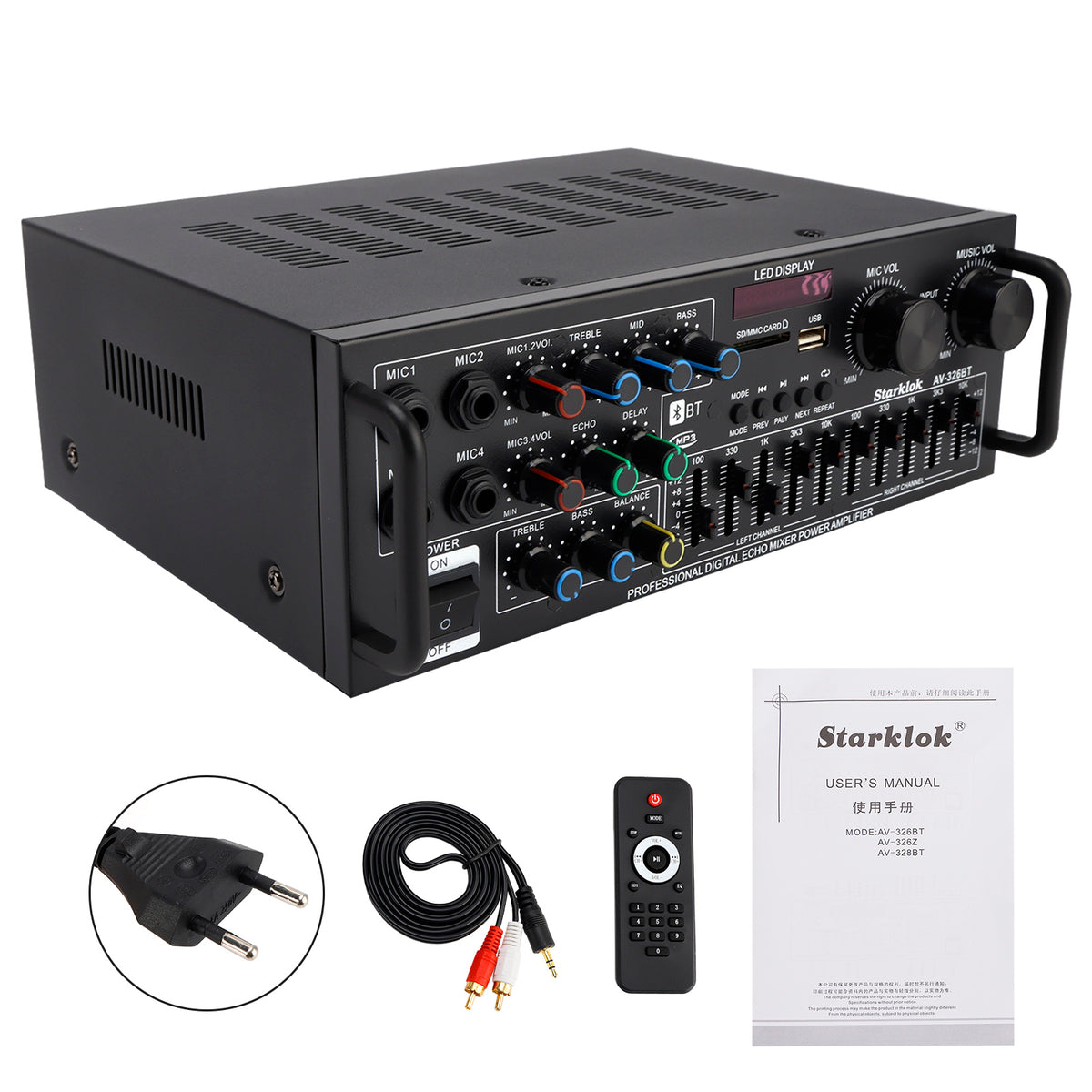 Bluetooth 5.4 HiFi 2500W Peak stéréo Power Amplificateur Karaoké FM USB EQ Mixer