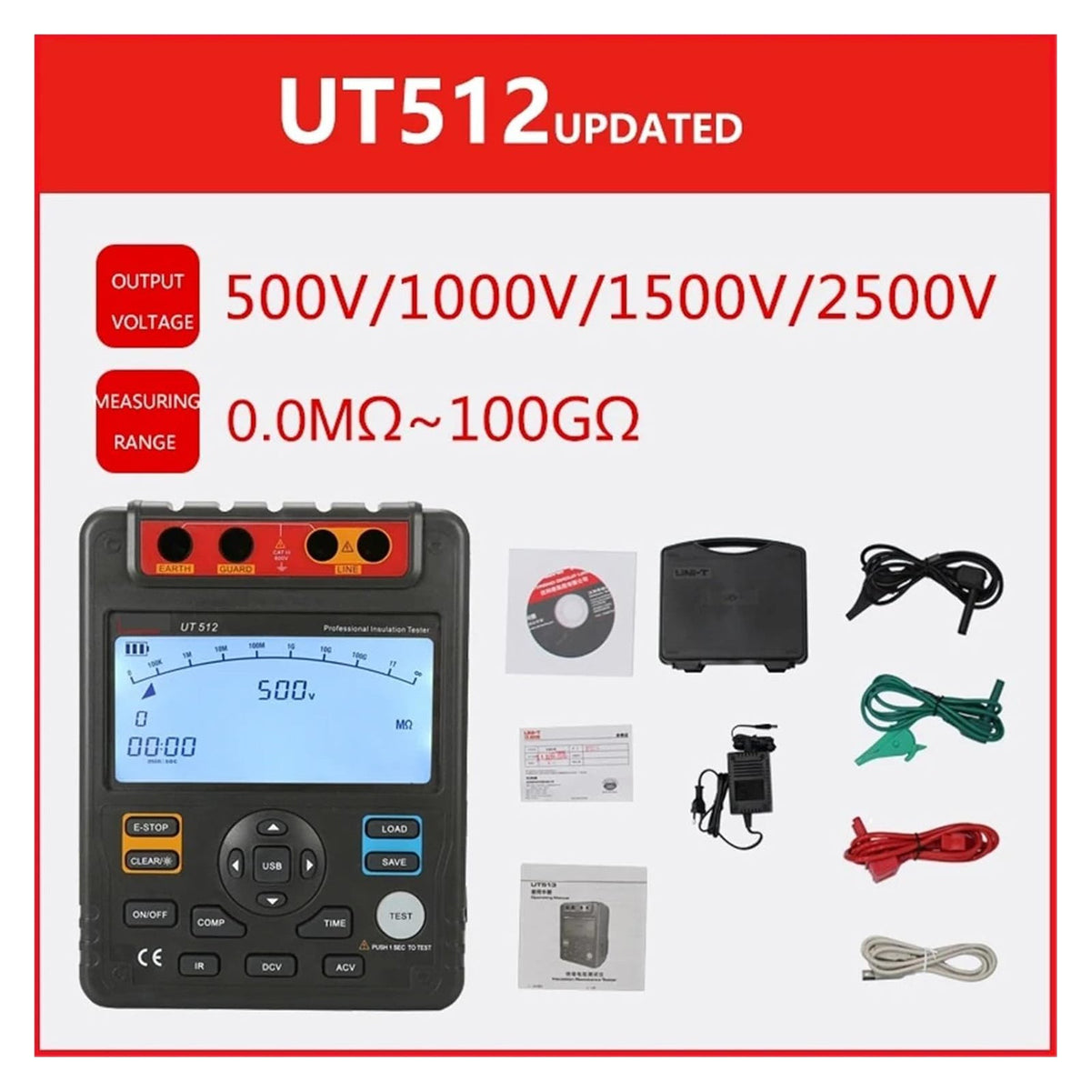 UT512 Isolatieweerstandstester Voltmeter Autobereik 2500V 100GΩ