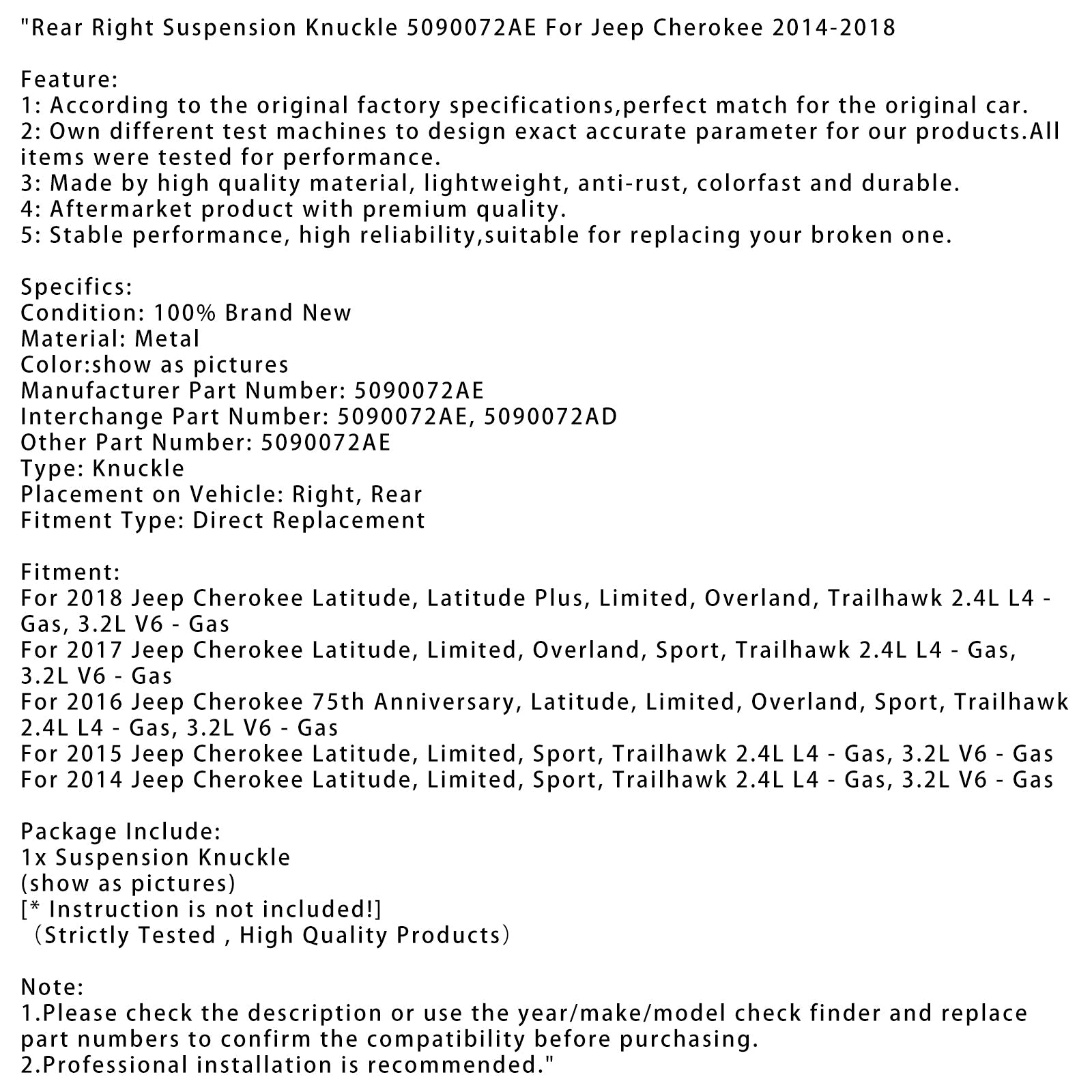 2018 Jeep Cherokee Latitude Latitude Plus Limited Overland Trailhawk Fusée de suspension arrière droite 5090072AE (Copie)