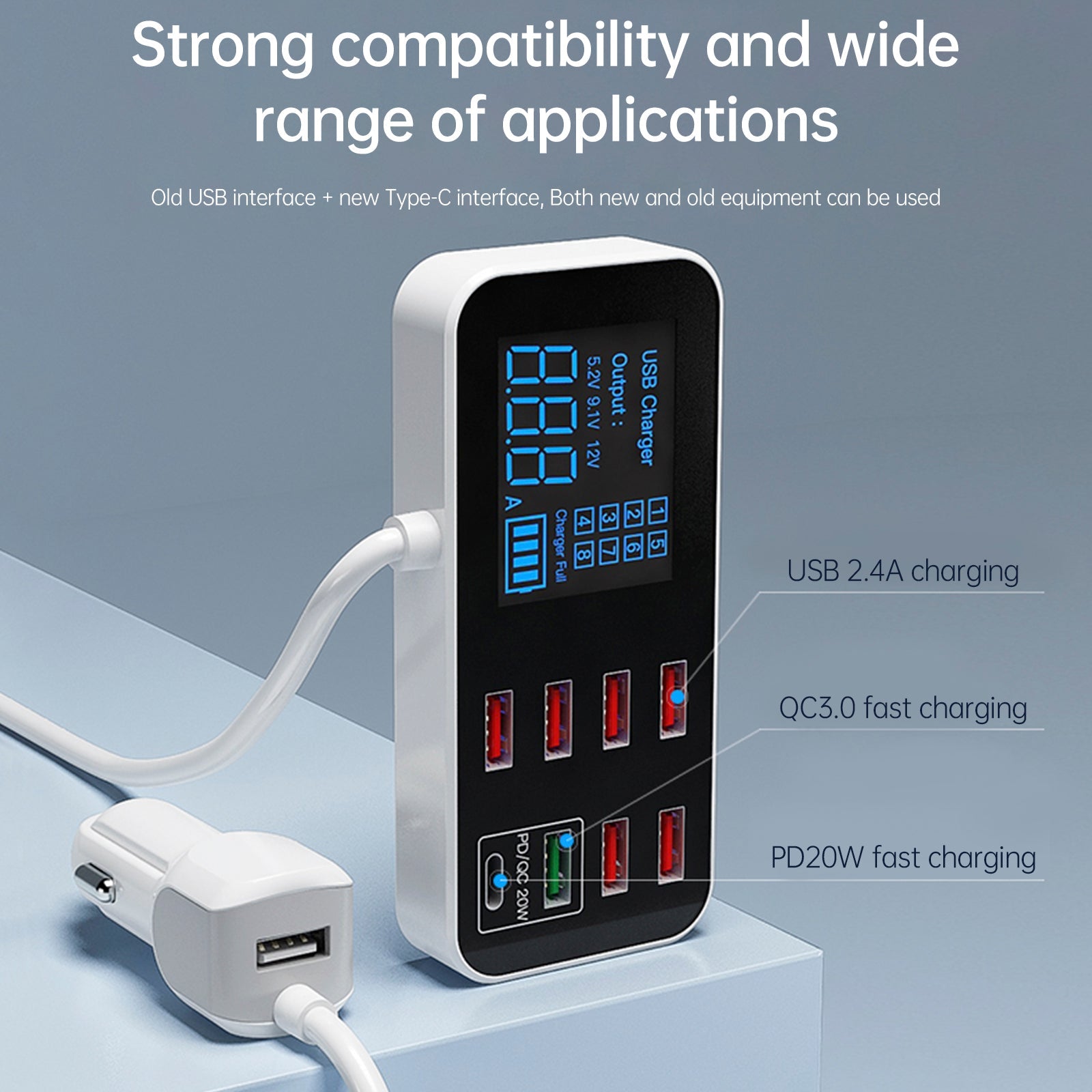 USB-laturi PD5V1A QC3.0 pienelle autolle, 8-porttinen näyttö, savukkeen sytytin