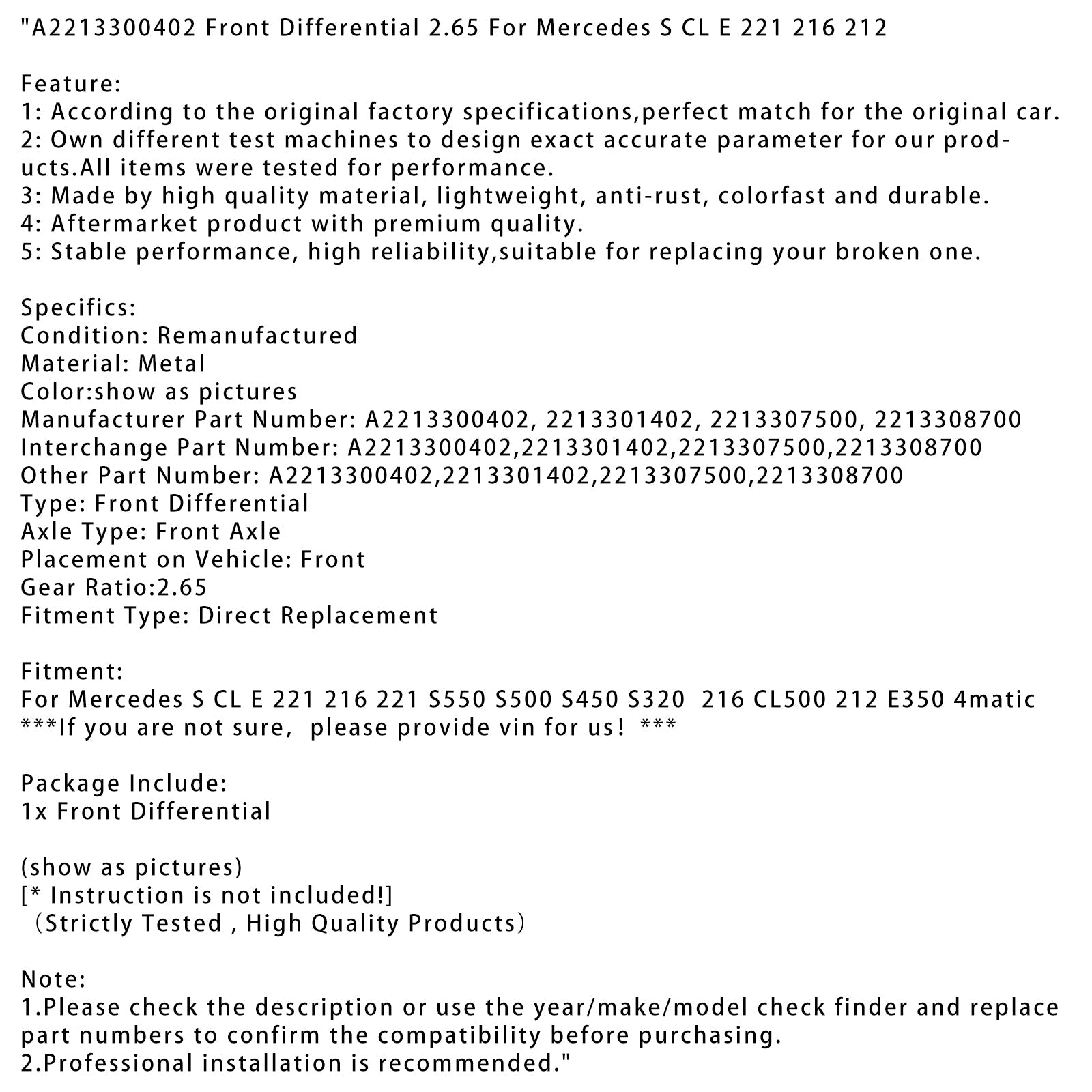 Mercedes S Cl E 221 216 212 S550 S500 S450 S320 216 CL500 212 E350 4MATICE DIFFERENZIALE PRIMA di 2,65 A2213300402