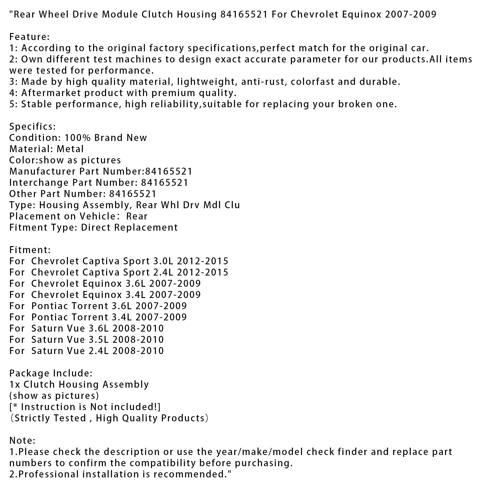 Obudowa sprzęgła tylnego modułu napędowego do Chevroleta Equinox 3.6L (2007-2009) - Numer części : 84165521