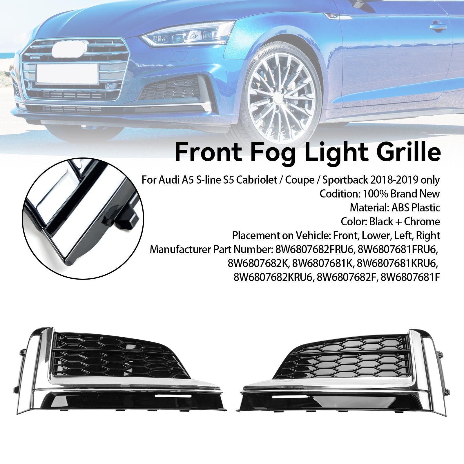 Lot de 2 garnitures de calandre de phare antibrouillard pour pare-chocs avant pour Audi S5 A5 S-Line 2018-2019