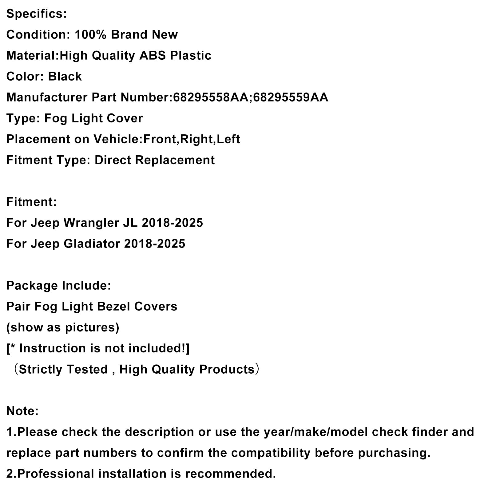 Paire de garnitures de phares antibrouillard pour Jeep Wrangler JL Gladiator 2018-2025 68295558AA