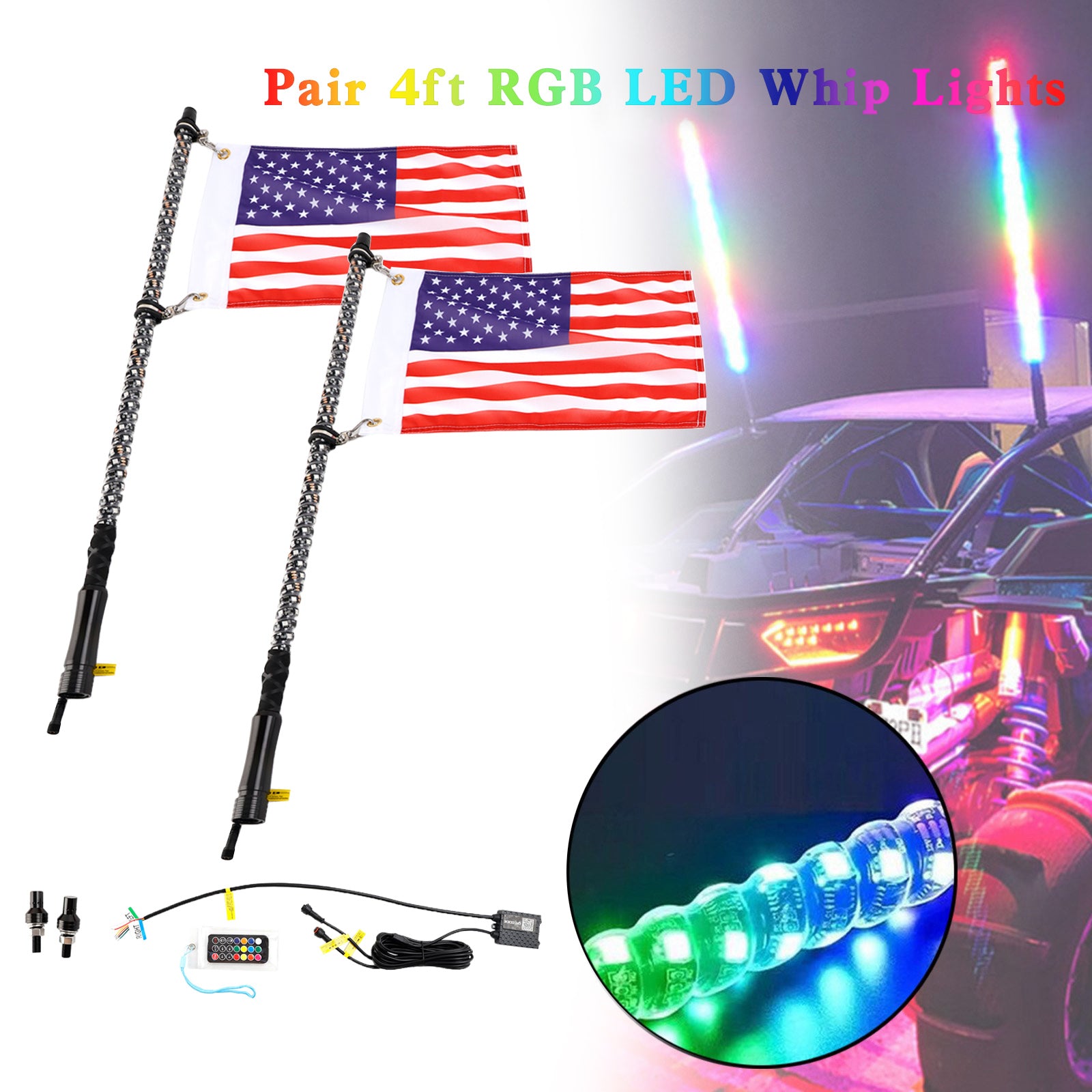 2x 4 pieds  pour Polaris UTV ATV Antenne fouet lumineuse avec application LED RGB  avec télécommande drapeau