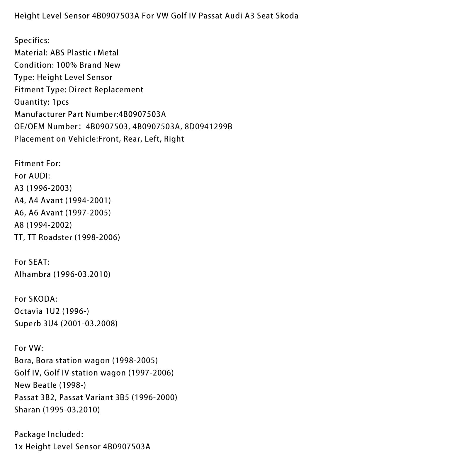 Senzor nivoja 4B0907503A za VW Golf IV, Passat, Audi A3, Seat in Škoda