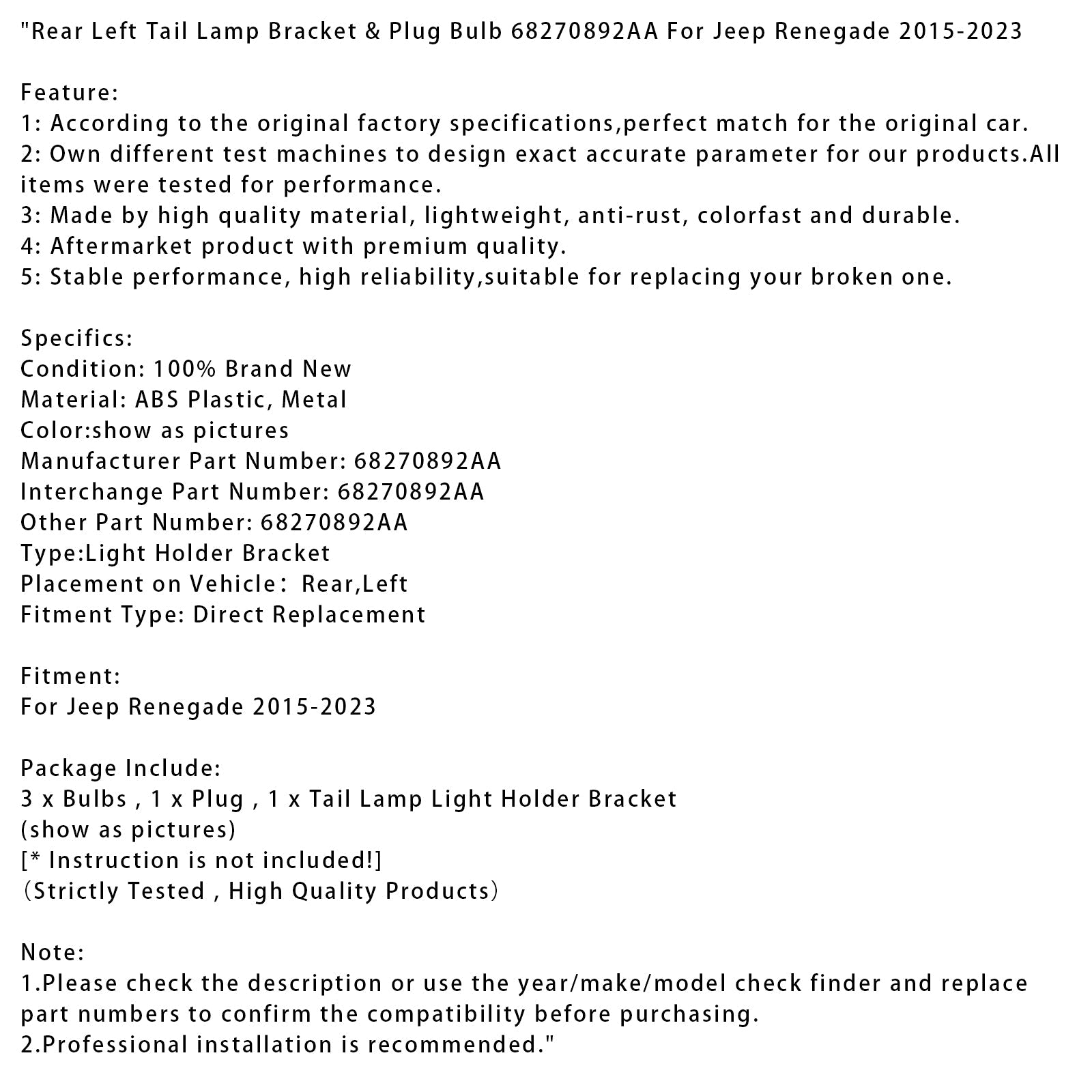 Links achterste lichtsteun en socket lamp voor Jeep Renegade 2015-2023 68270892AA