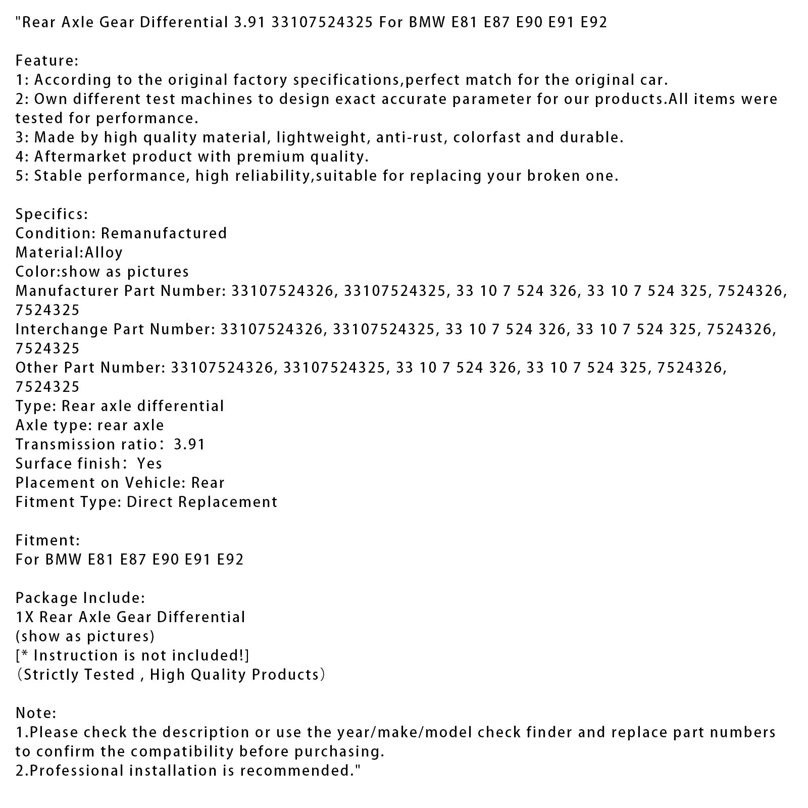 Taka -akselin ero 33107524325 BMW E81 E87 E90 E91 E92