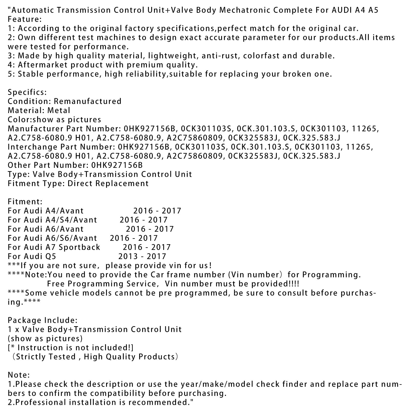 Automaattivaihteiston ohjausruutu ja täydellinen mekatronic-venttiilin runko Audi A4/ennen 2016-2017 0HK927156B