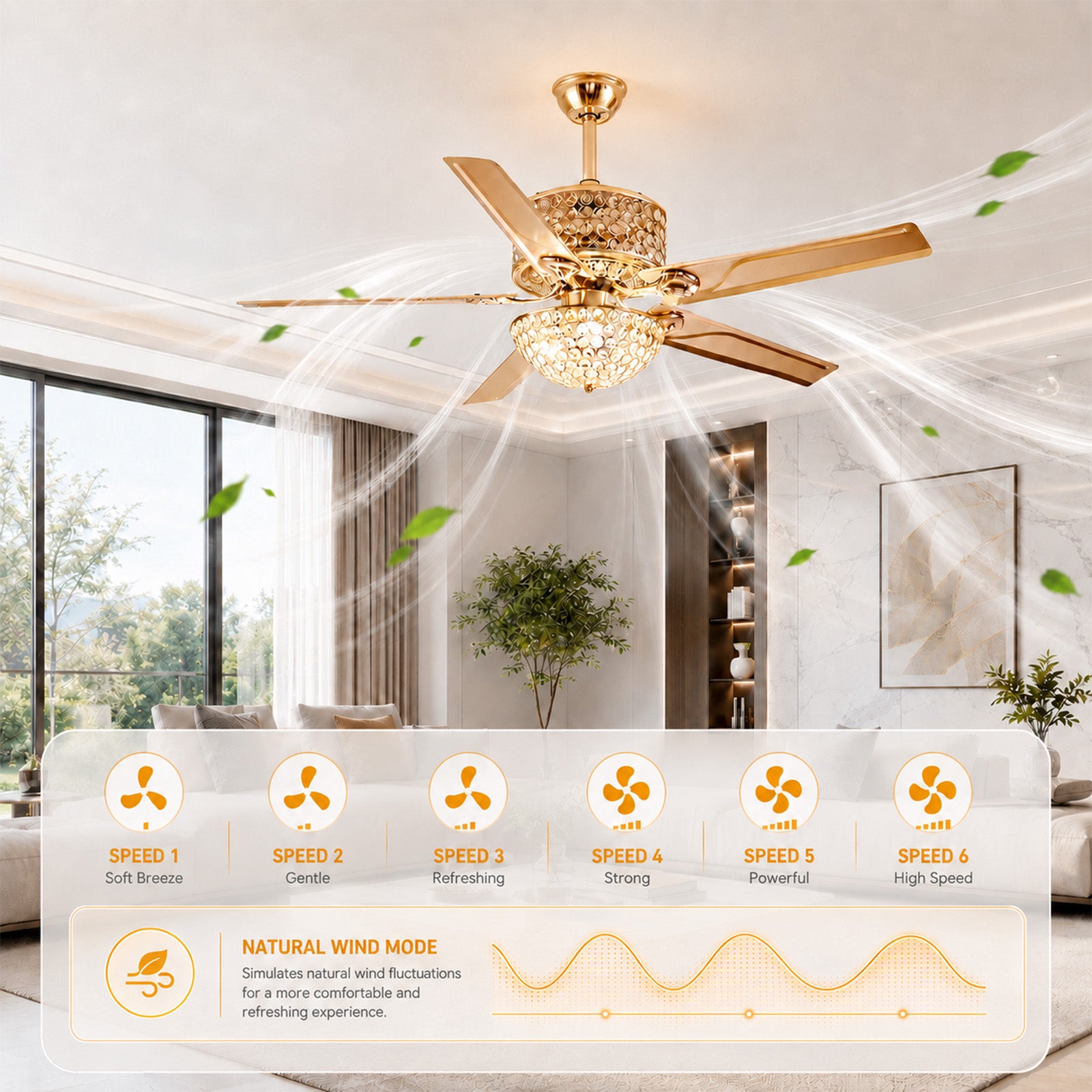 Ventilateur de Plafond Doré avec Lustre en Cristal 52" – Éclairage LED, Télécommande, 5 Pales, 6 Vitesses