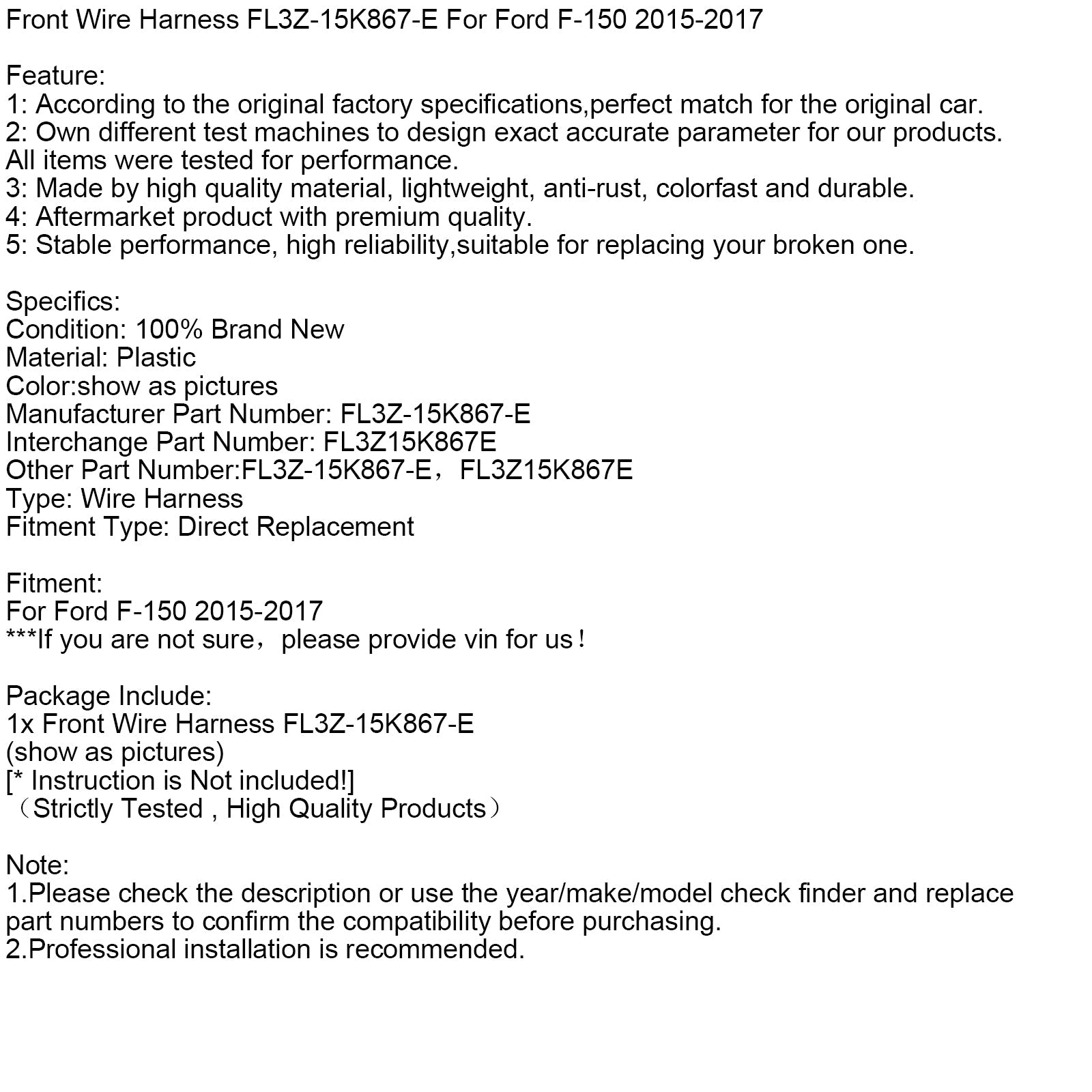 Arnés de cableado delantero FL3Z-15K867-E para Ford F-150 2015-2017