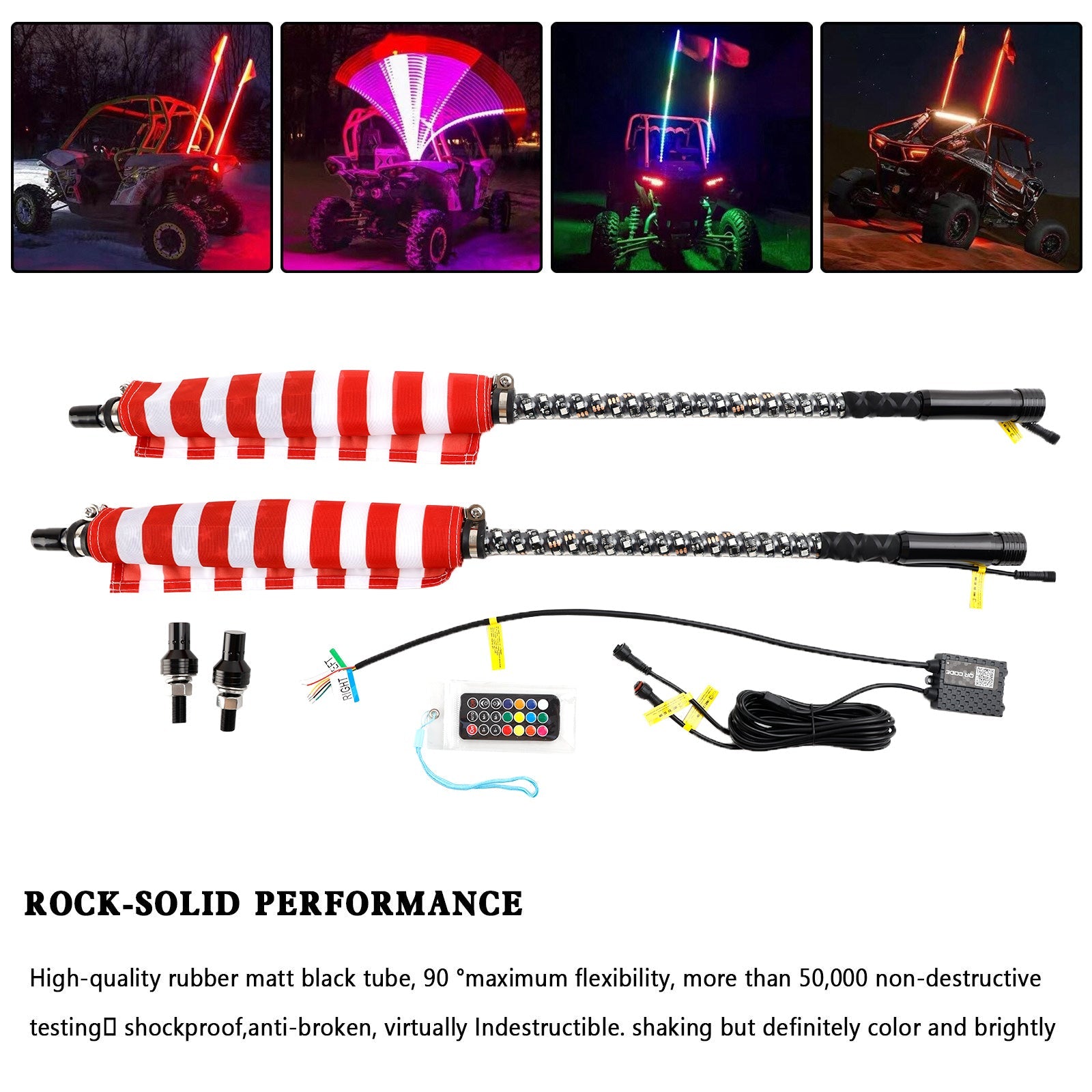 Antenna a frusta illuminata a LED RGB da 2 x 90 cm con telecomando e bandiera per Polaris RZR UTV/ATV