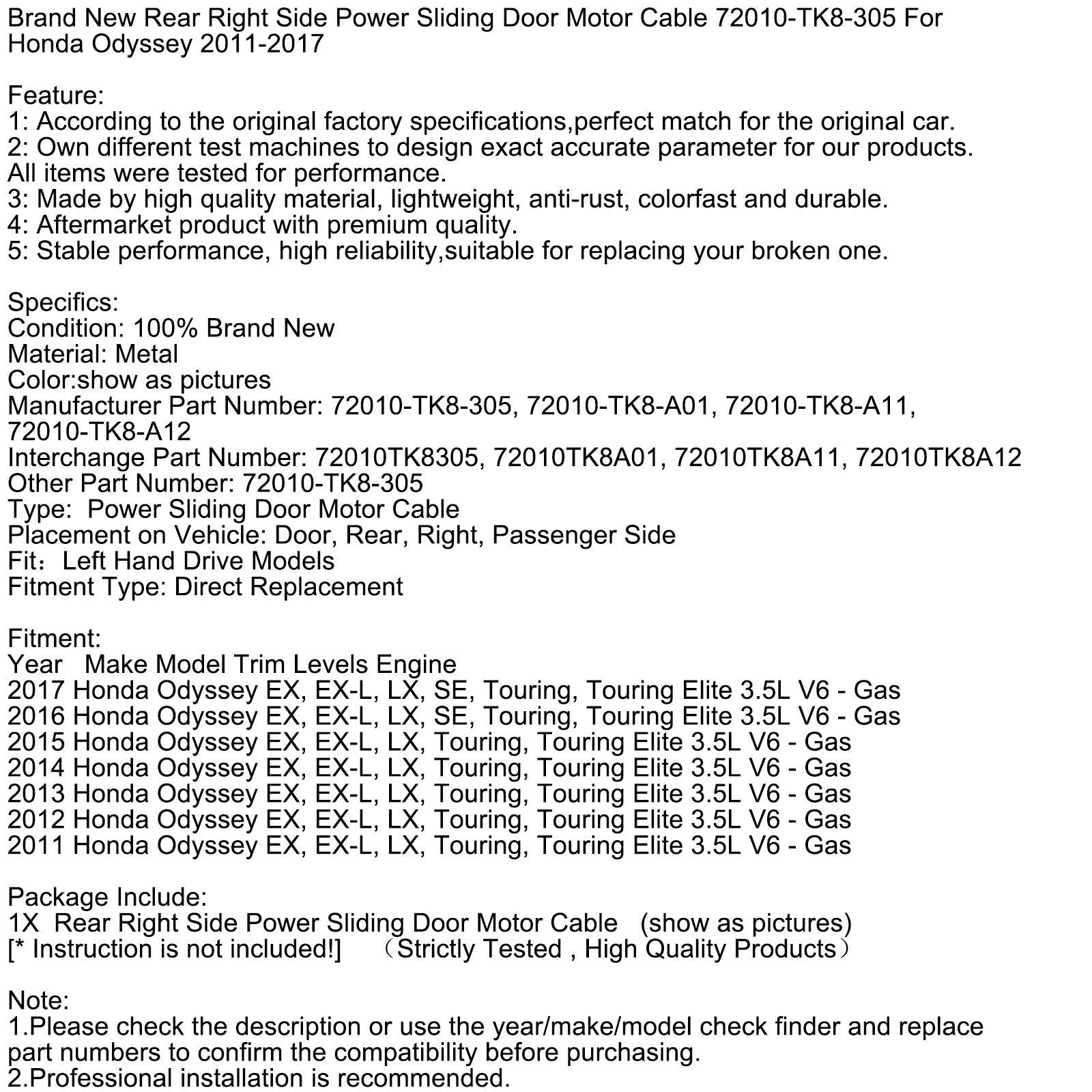 Kabel motorja drsnih vrat desno zadaj 72010-305 za Honda Odiseja