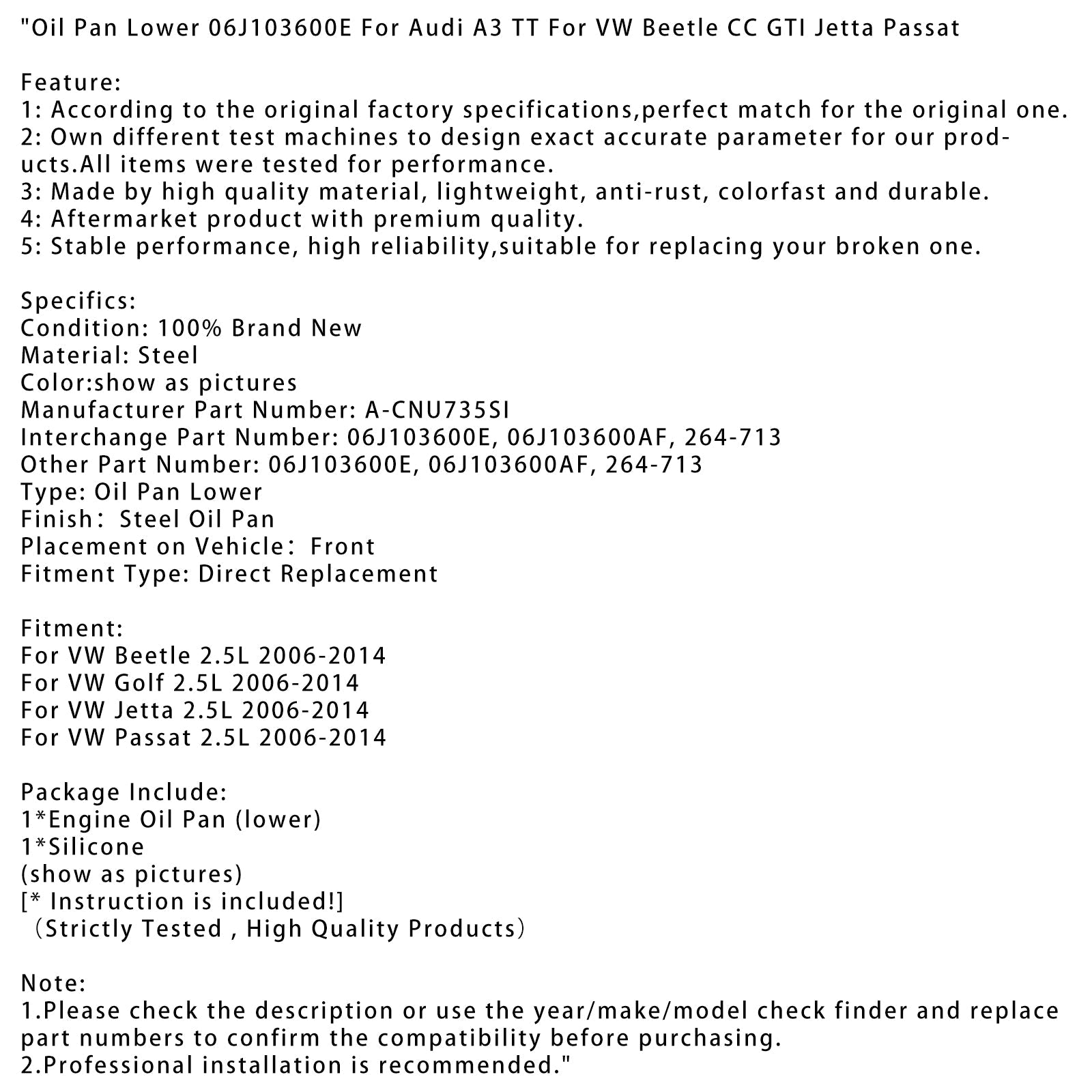 Niższa obudowa oleju dla VW Beetle 2,5 L 2006-2014 06J103600E 06J103600AF 264-713
