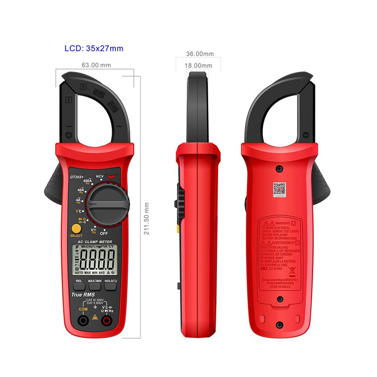 UT202+ handmultimeter, automatische bereikselectie, True RMS-stroomtang met LCD-scherm