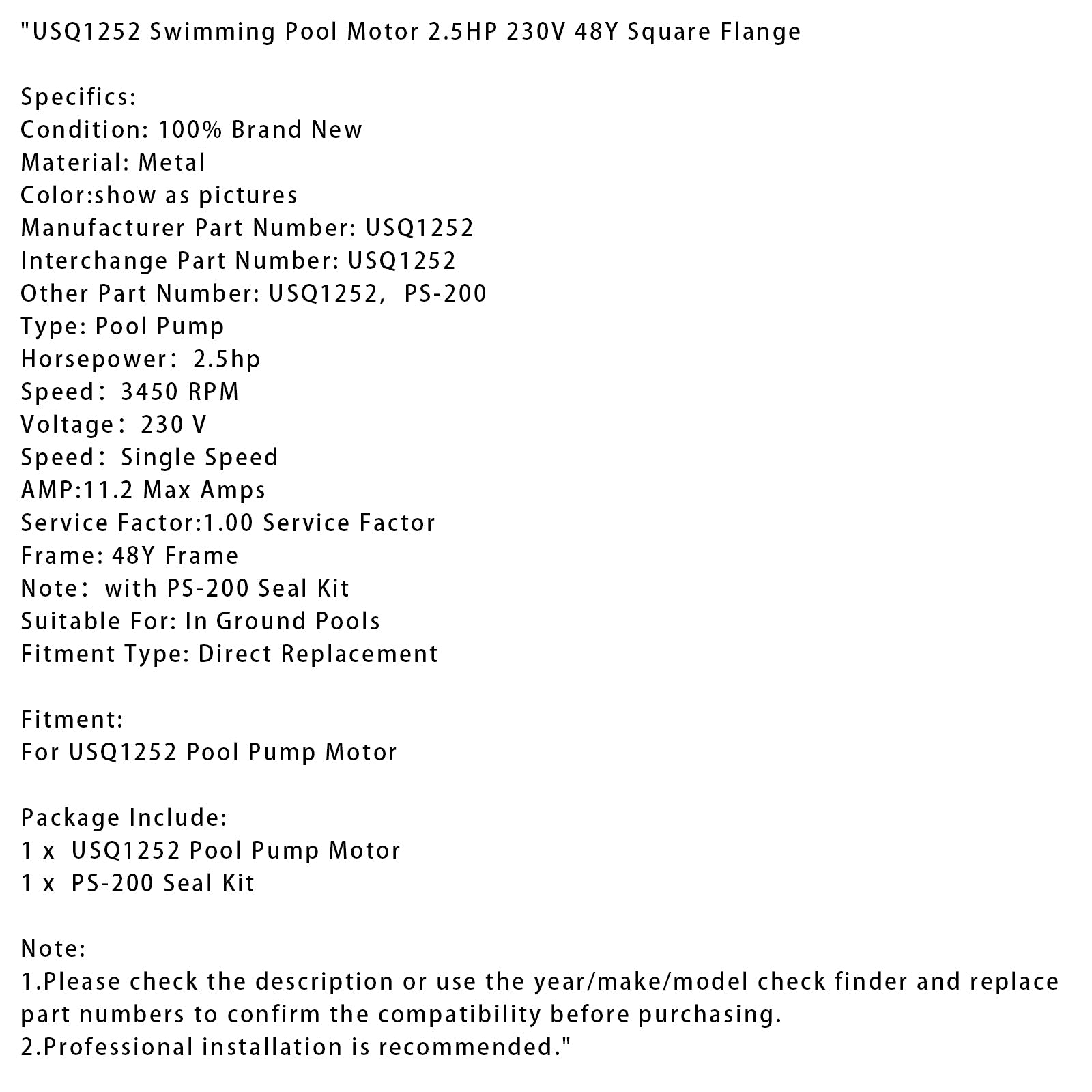 Moteur de piscine USQ1252 2,5 CV 230 V 48 Y à bride carrée avec kit de joints PS-200