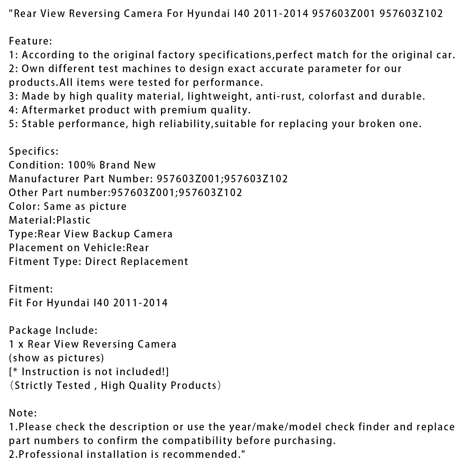 Telecamera posteriore per Hyundai I40 2011-2014 957603Z001 957603Z102