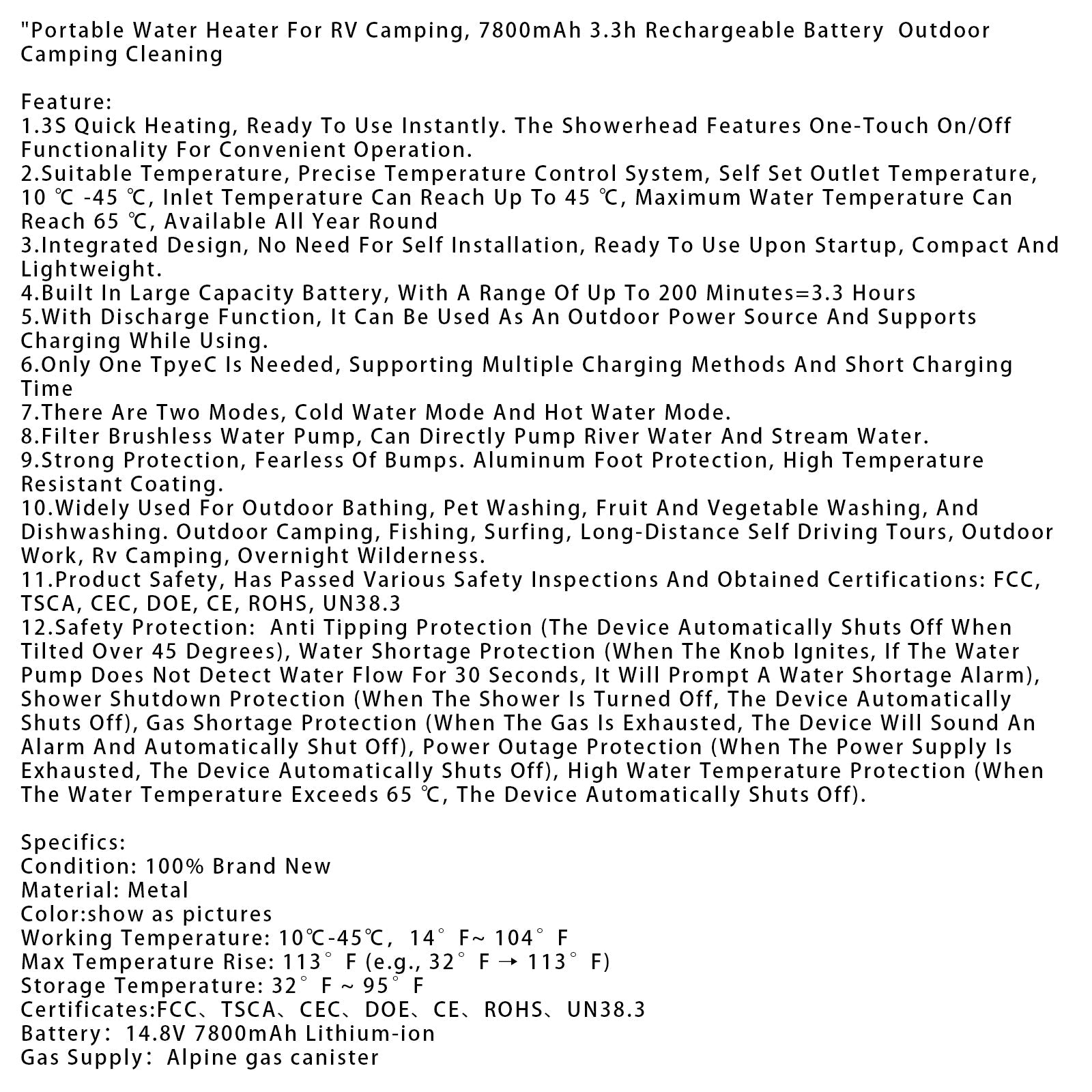 Prenosni grelnik vode za avtodome, 7800 mAh, čas delovanja 3,3 ure, možnost polnjenja, za čiščenje v kampiranju.