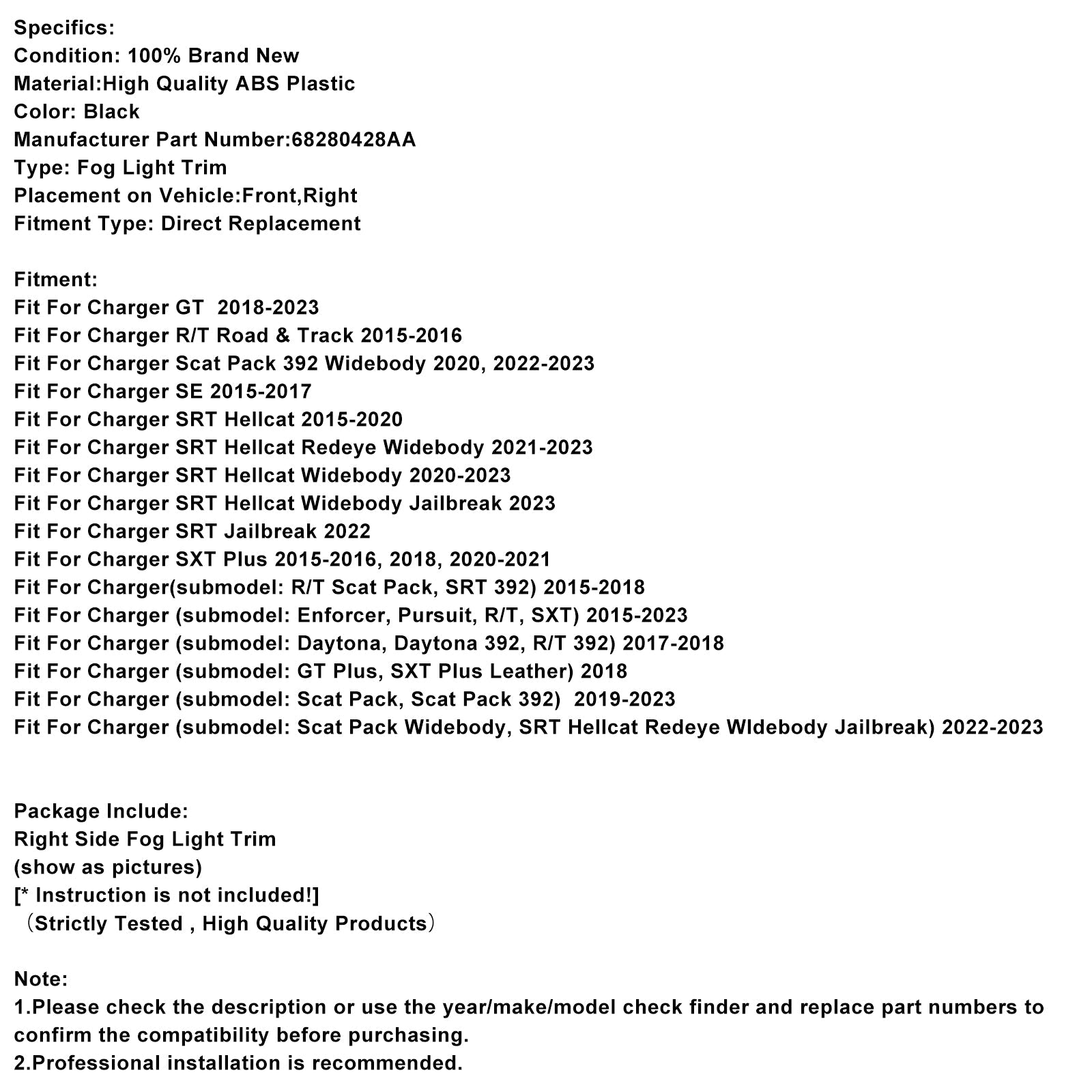 Lunette de feu antibrouillard côté droit pour Dodge Charger 2015-2022 68280428AA