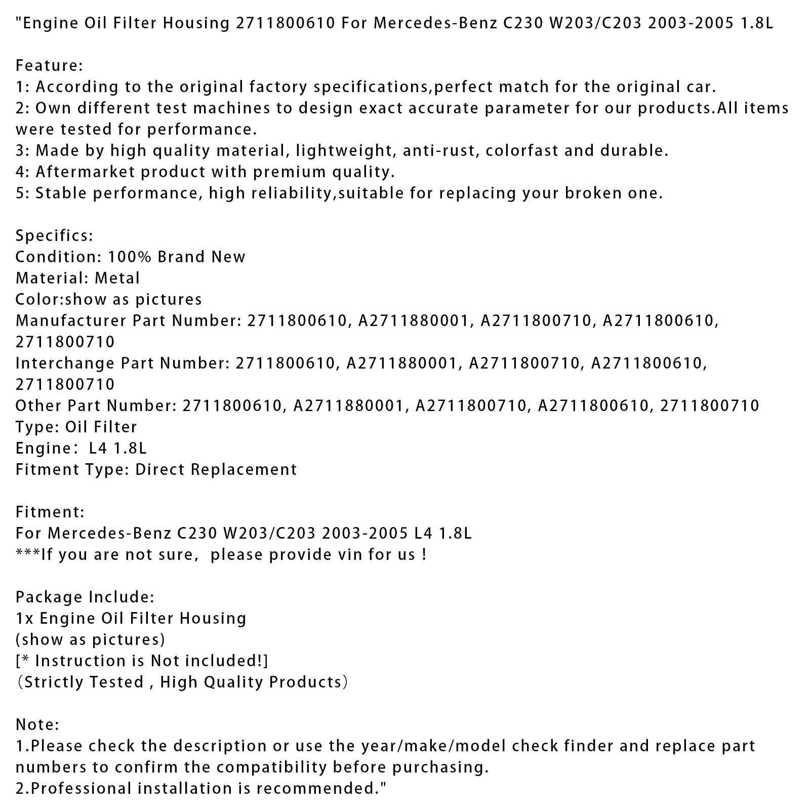 Ohišje oljnega filtra motorja Mercedes-Benz C230 W203/C203 1,8L (2003–2005) 2711800610