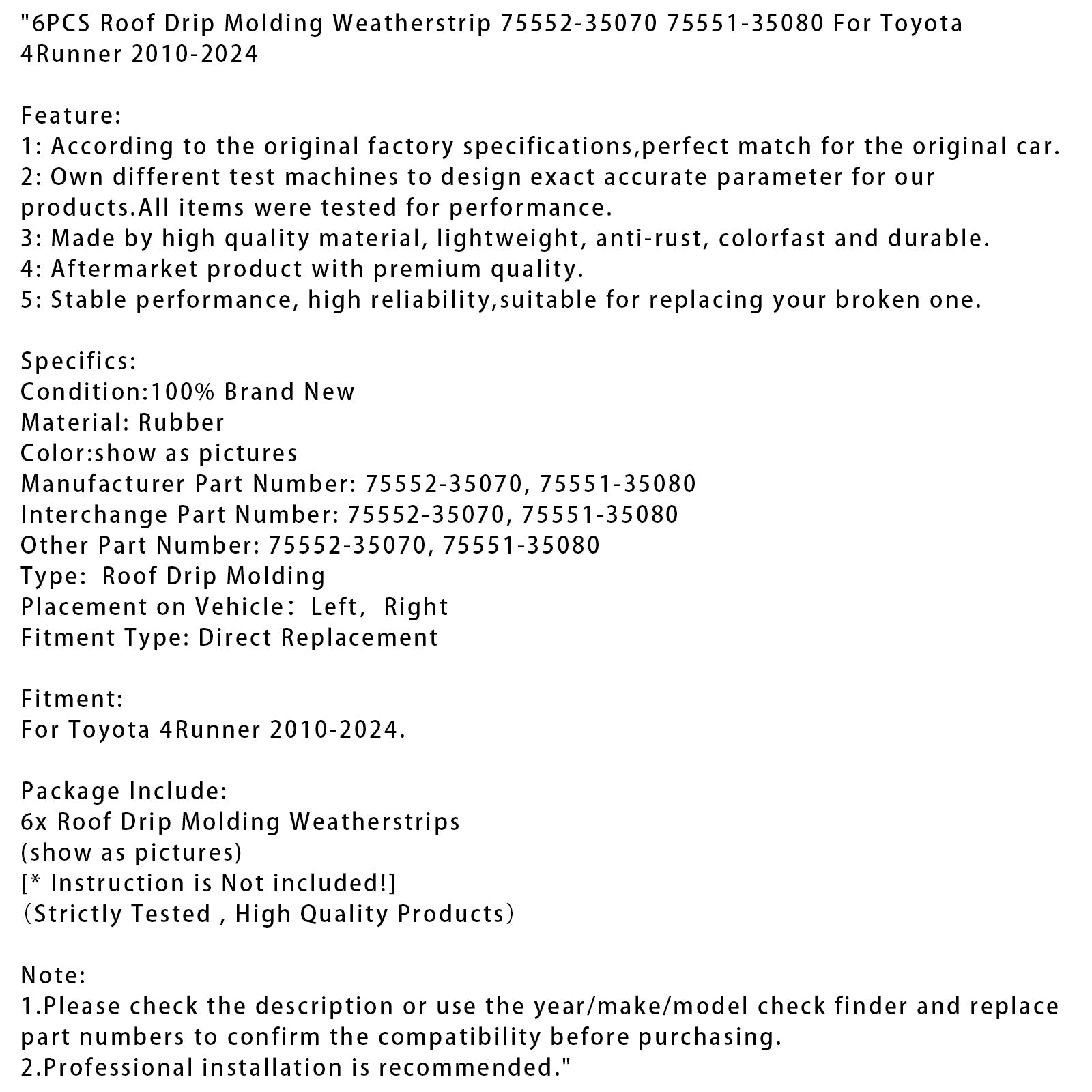 Joint d'étanchéité de toit (6 pièces) pour Toyota 4Runner 2010-2024 : références 75552-35070 et 75551-35080